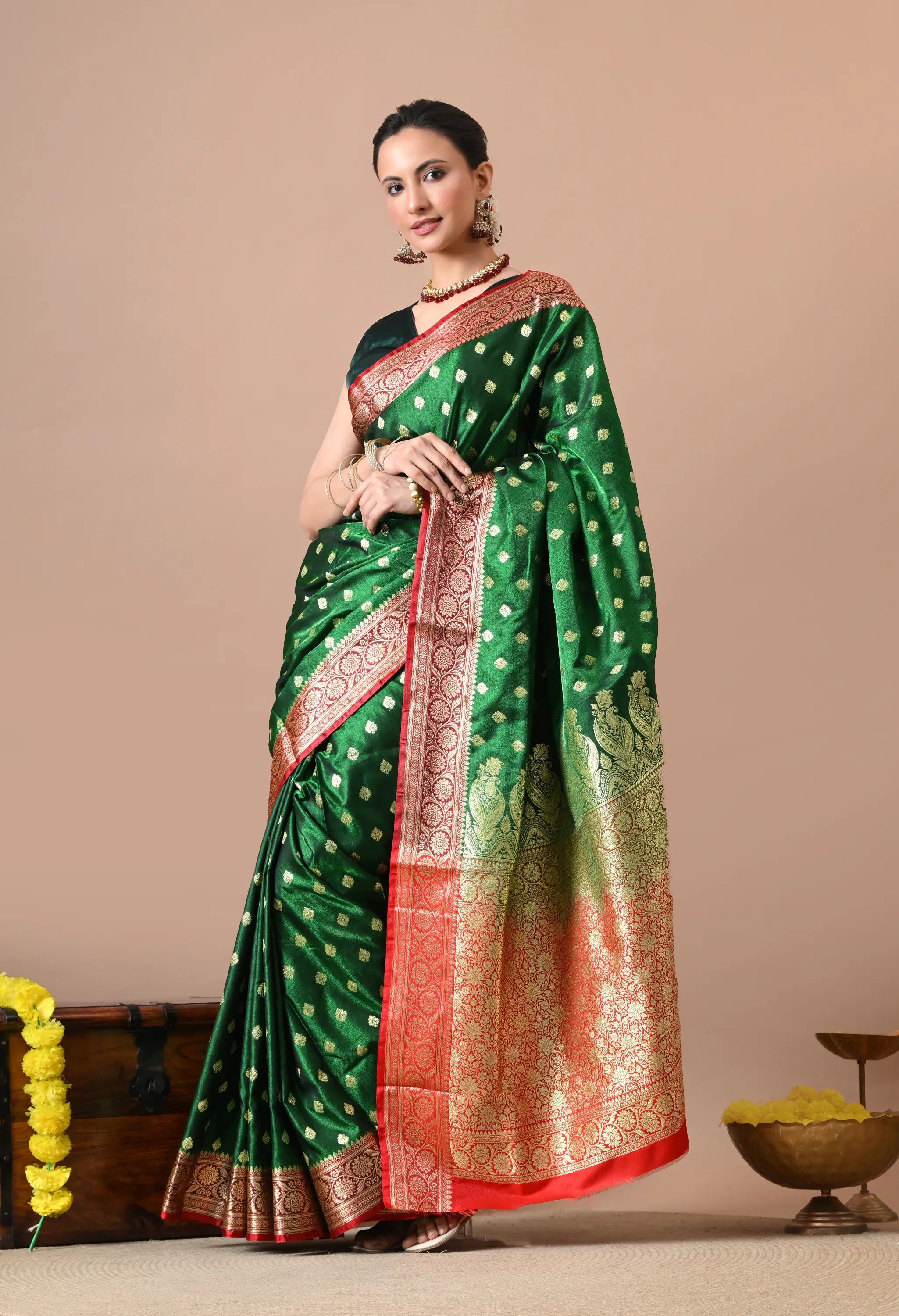Green & Red Zari Woven Silk Blend Banarasi Saree