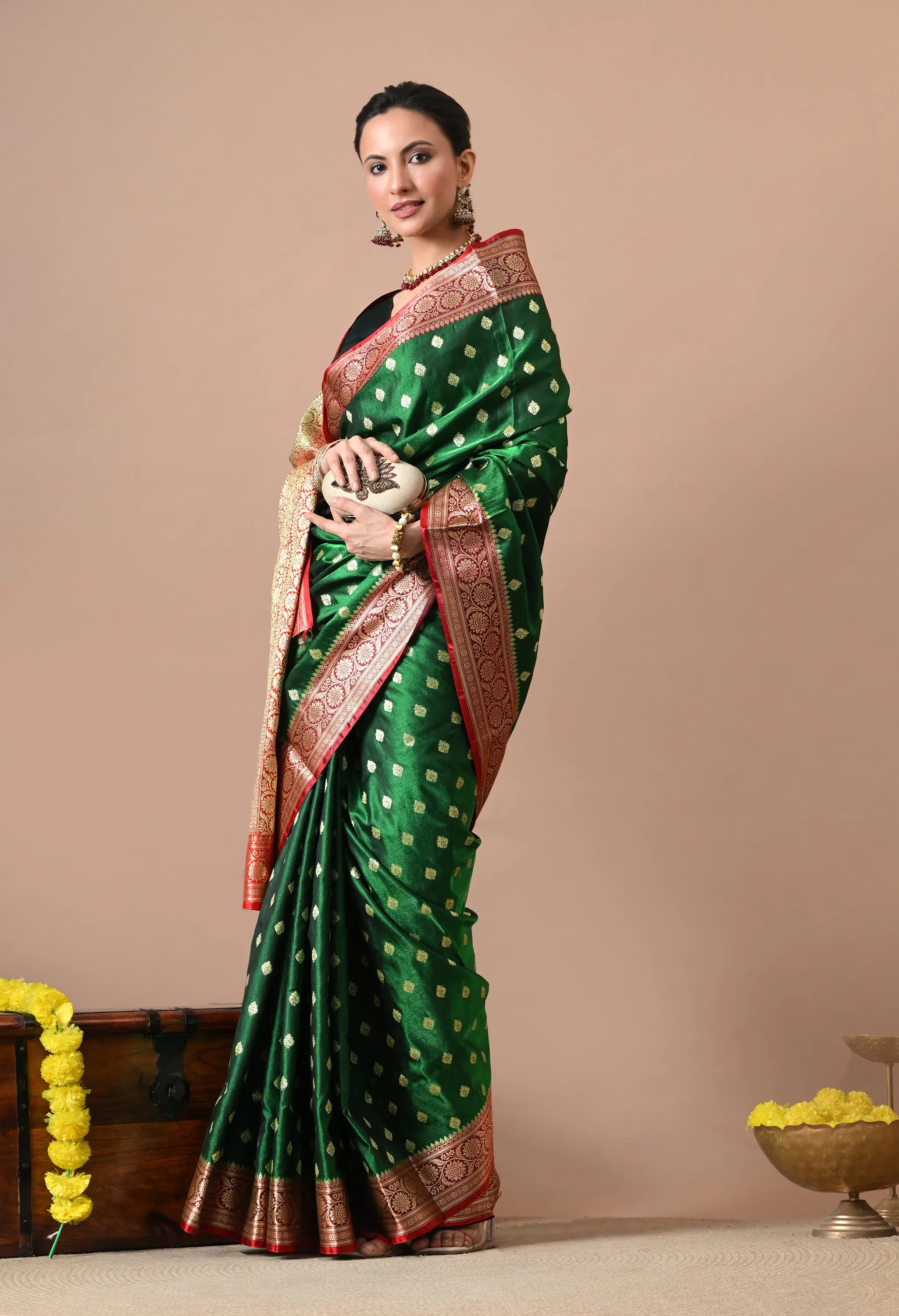 Green & Red Zari Woven Silk Blend Banarasi Saree