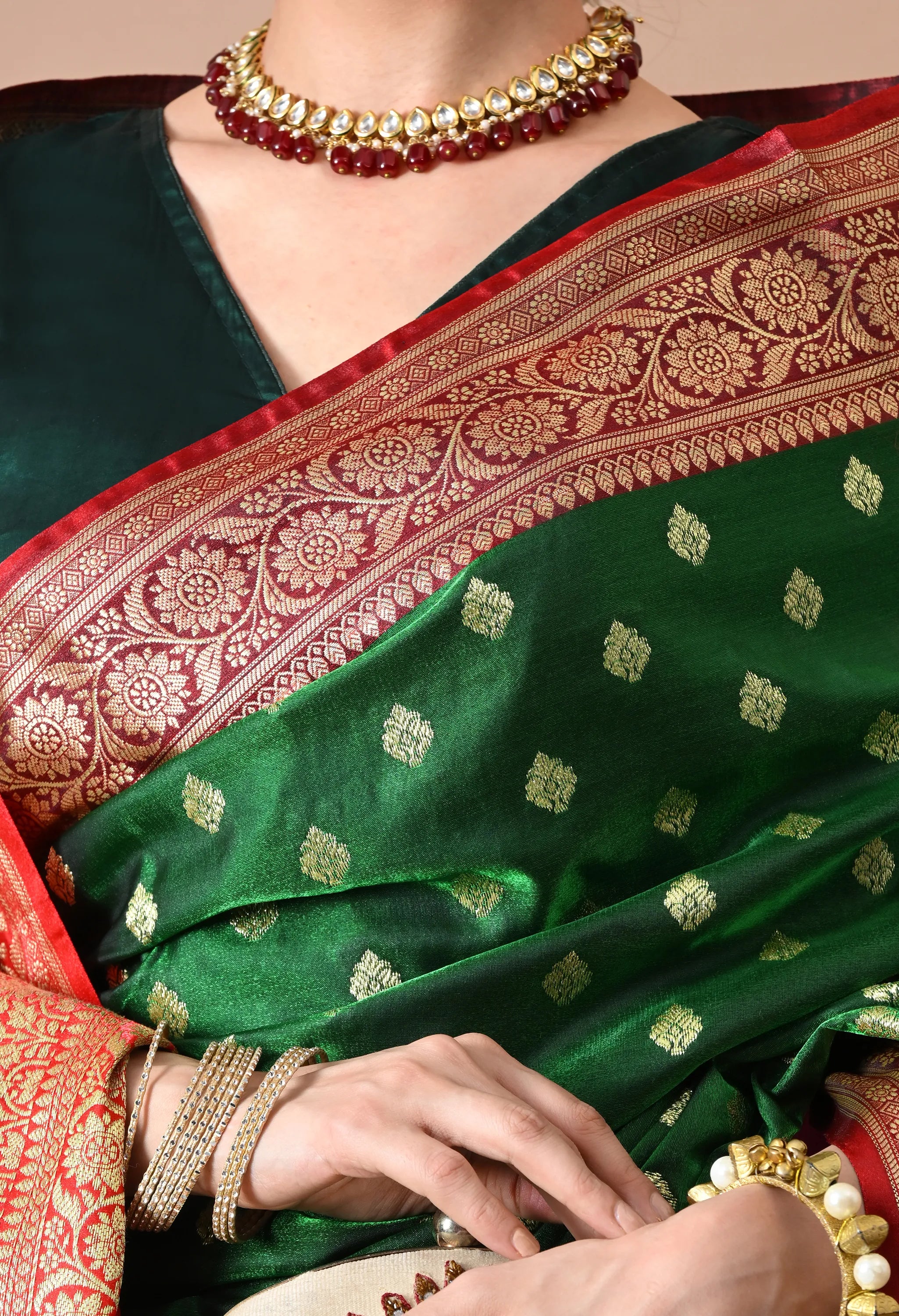Green & Red Zari Woven Silk Blend Banarasi Saree