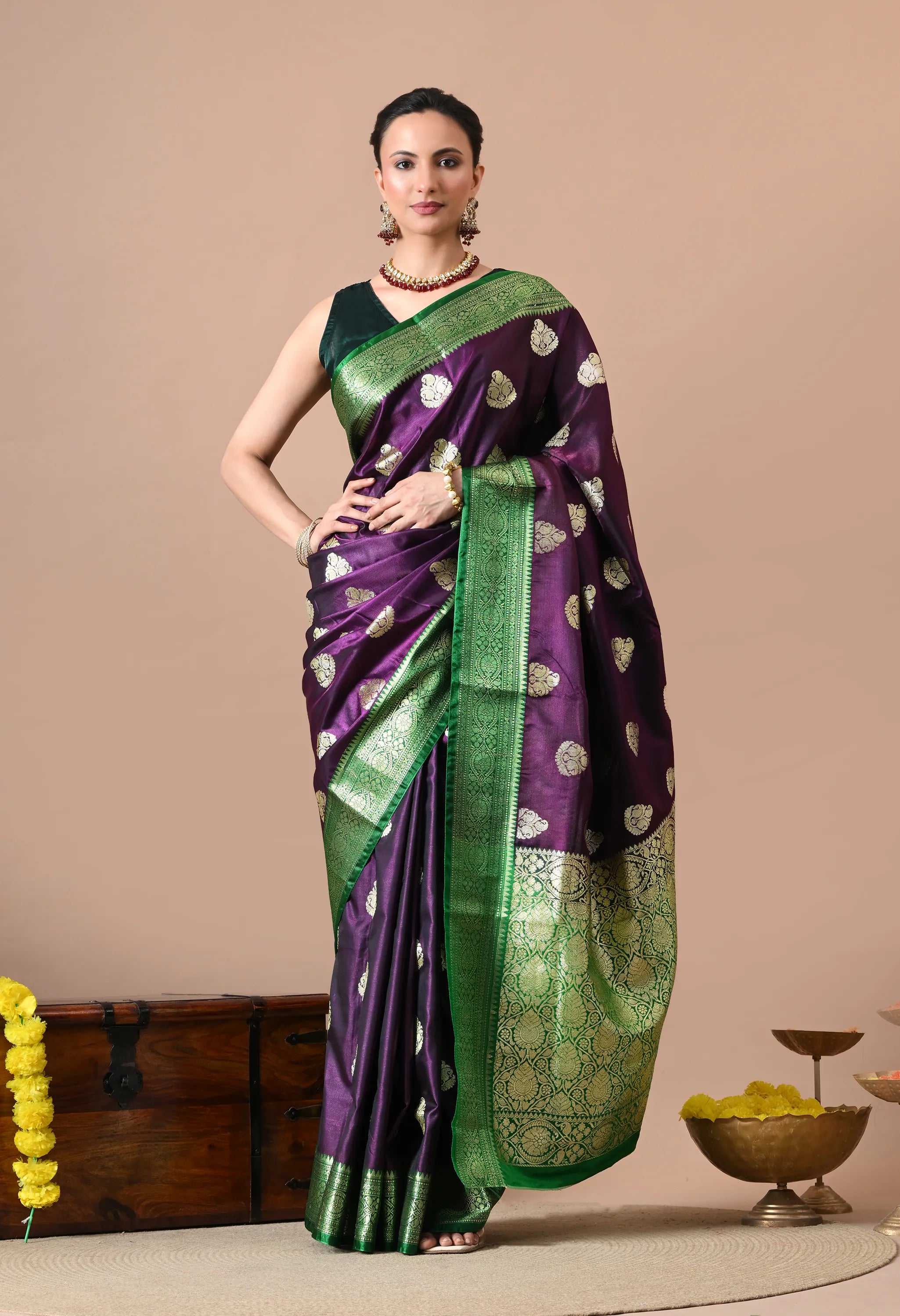 Women Deep Purple & Green Woven Design Silk Blend Banarasi Saree
