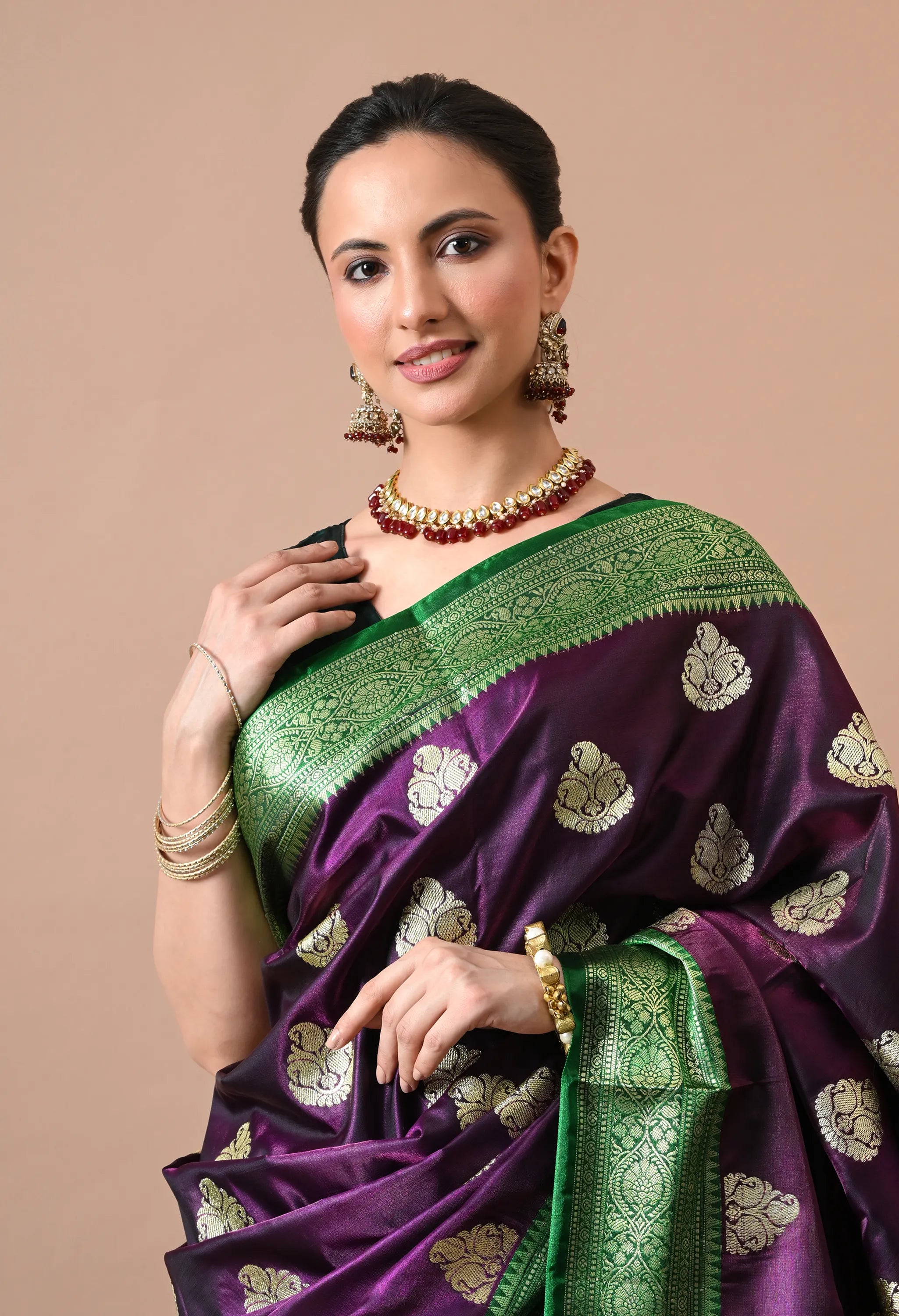 Women Deep Purple & Green Woven Design Silk Blend Banarasi Saree