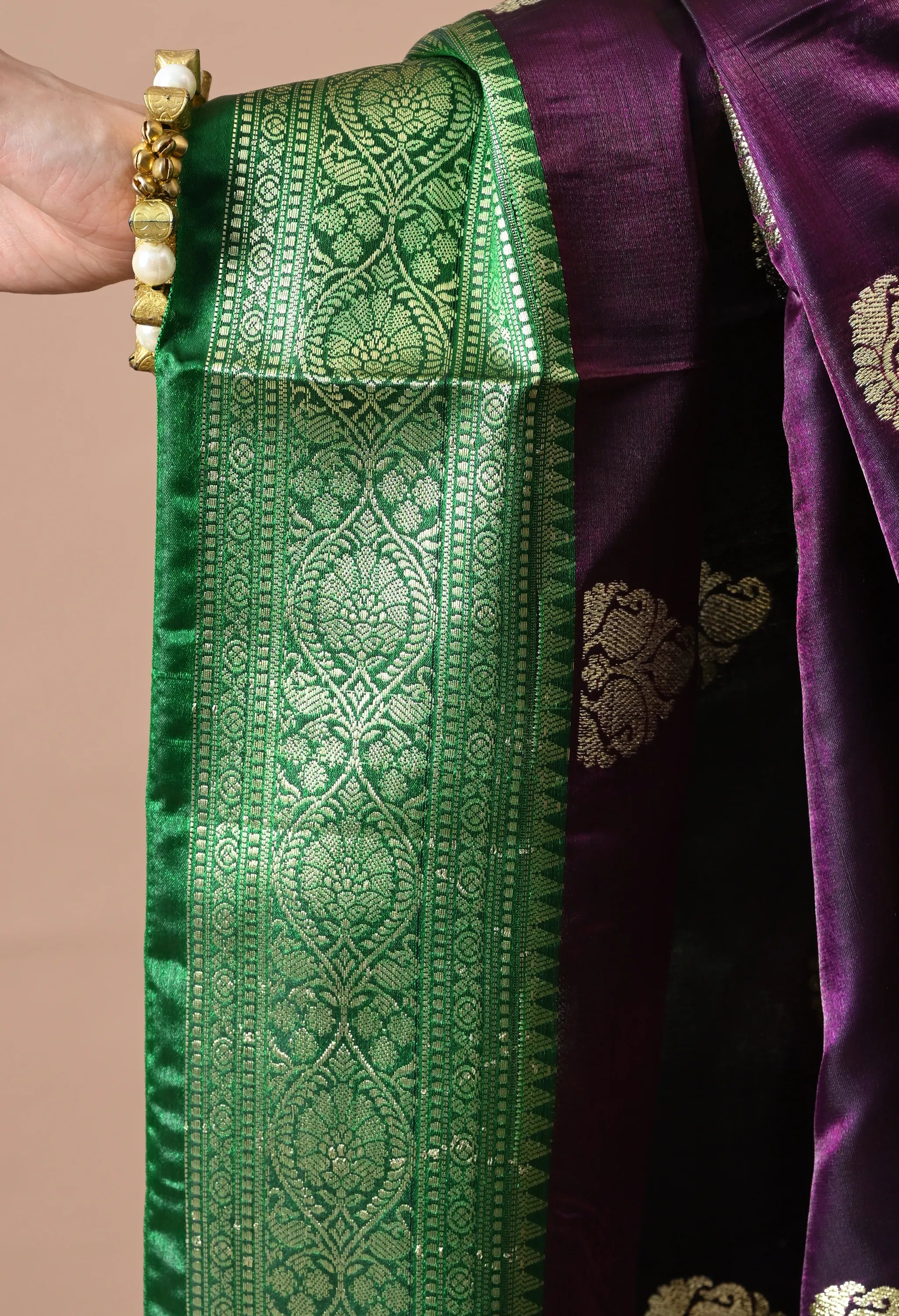 Women Deep Purple & Green Woven Design Silk Blend Banarasi Saree
