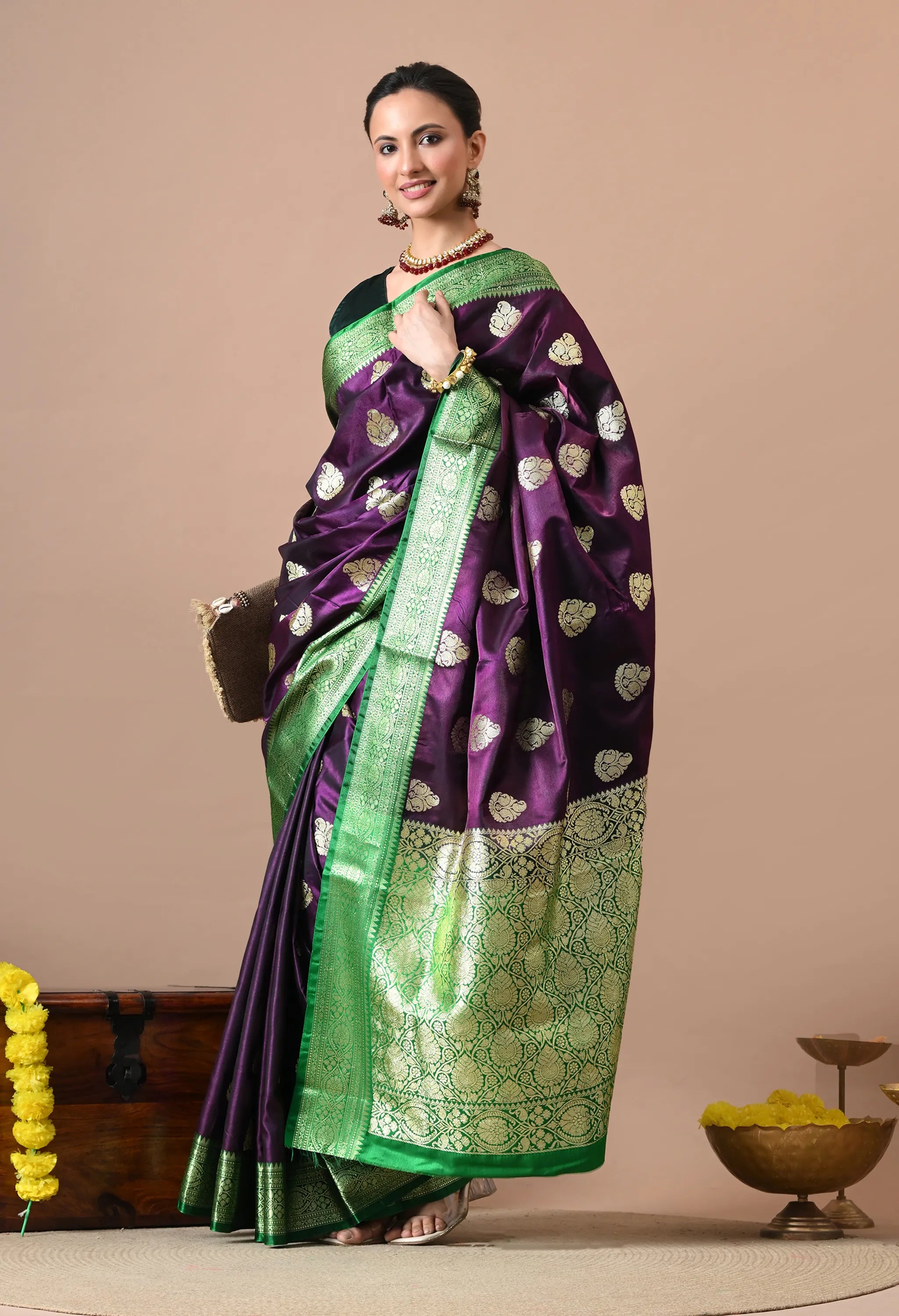 Women Deep Purple & Green Woven Design Silk Blend Banarasi Saree
