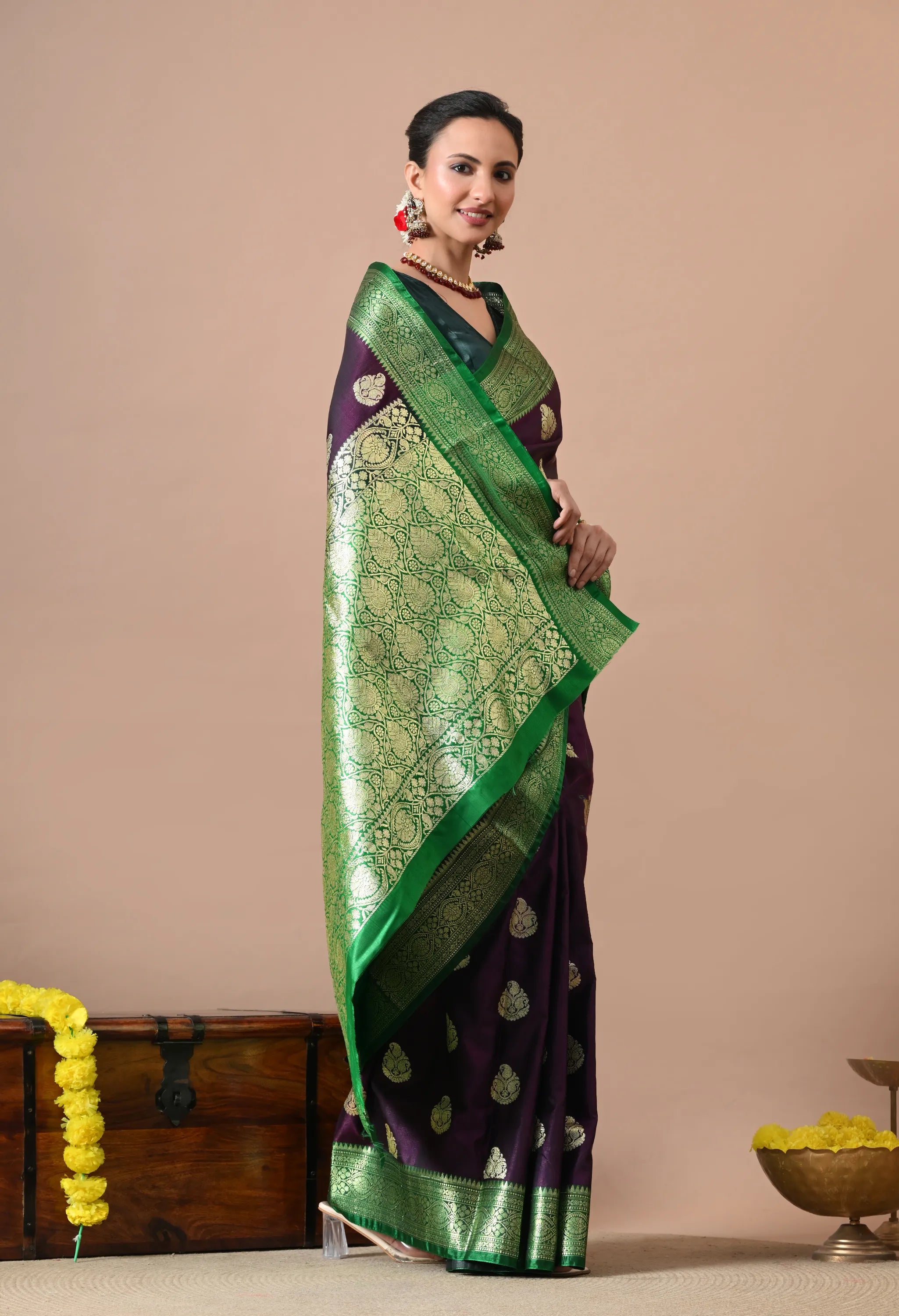 Women Deep Purple & Green Woven Design Silk Blend Banarasi Saree