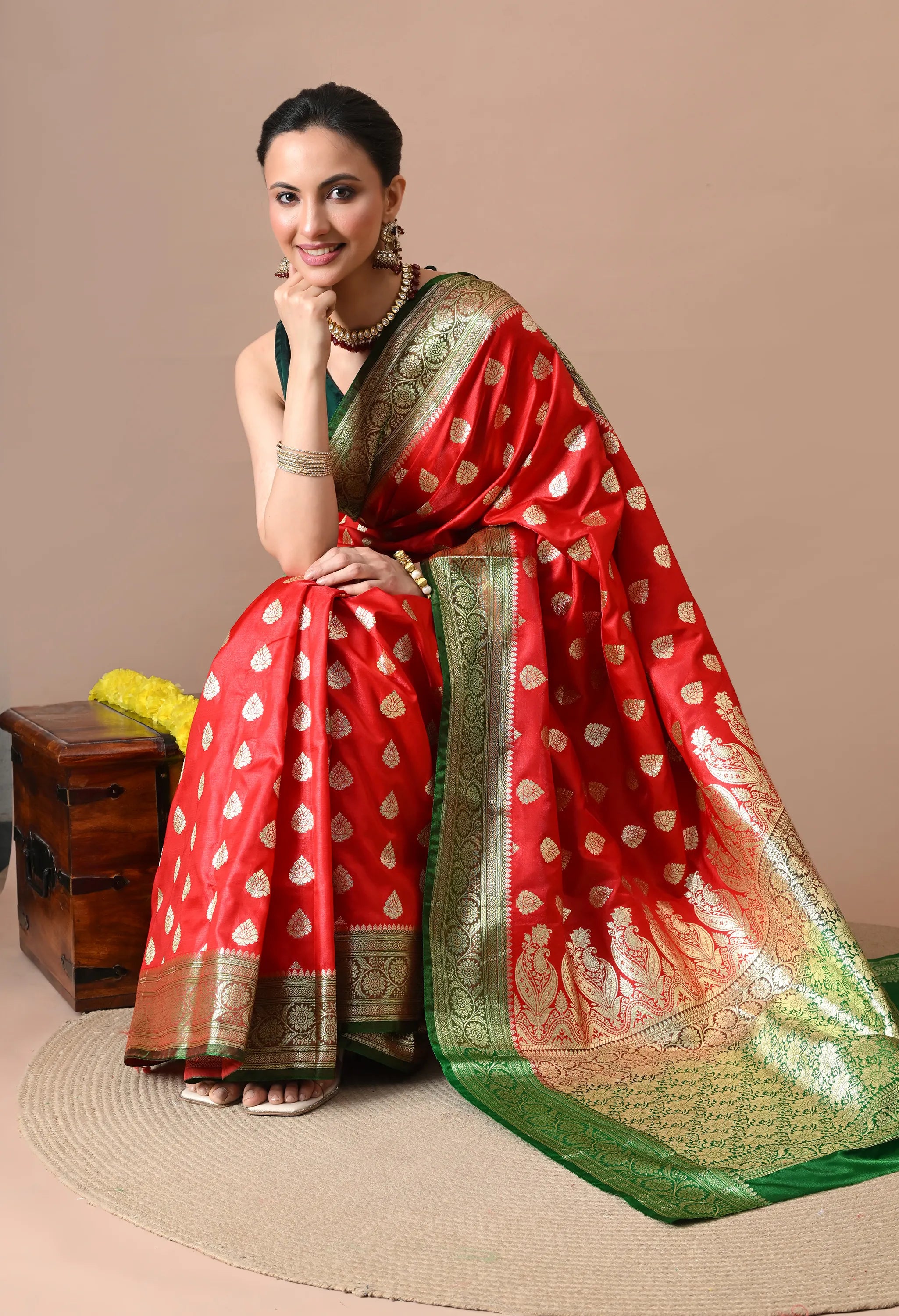 Red & Green Woven Design Banarasi Silk-Blend Saree with Zari Border