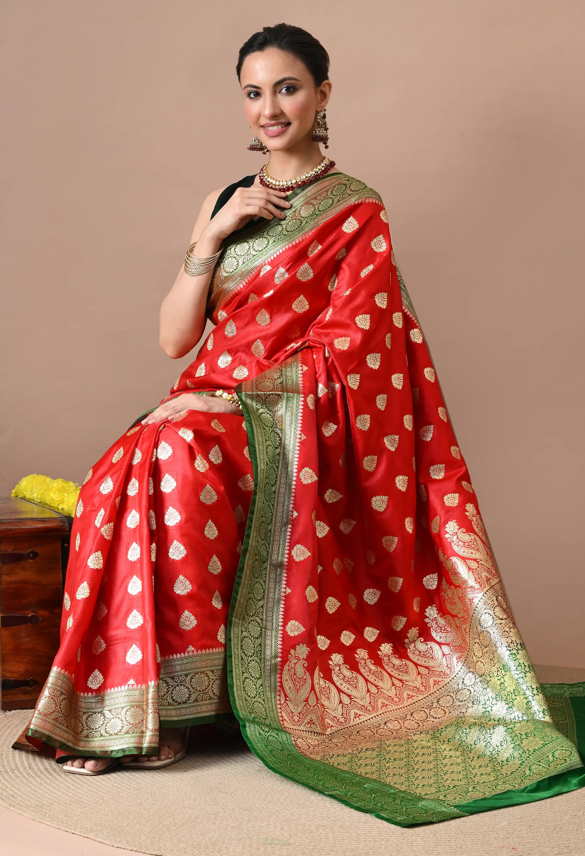 Red & Green Woven Design Banarasi Silk-Blend Saree with Zari Border