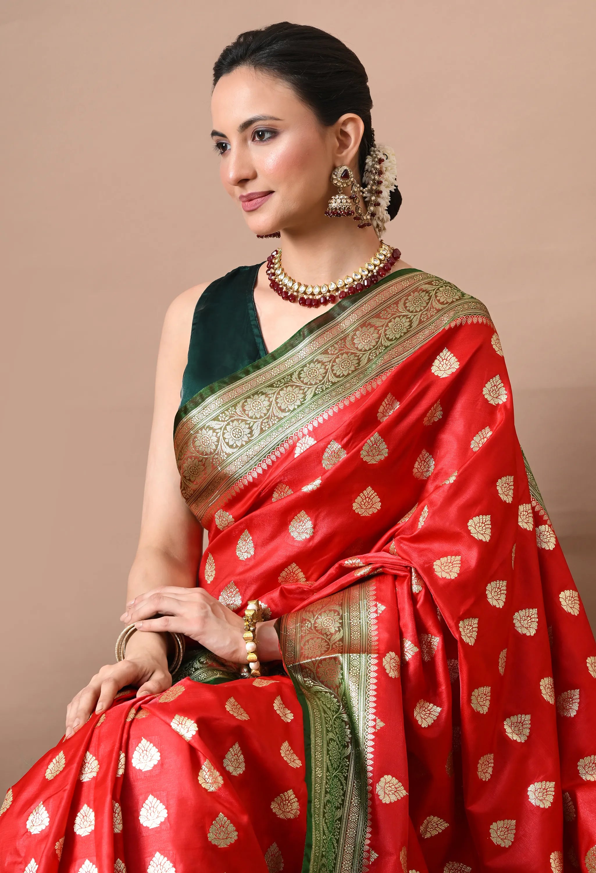 Red & Green Woven Design Banarasi Silk-Blend Saree with Zari Border