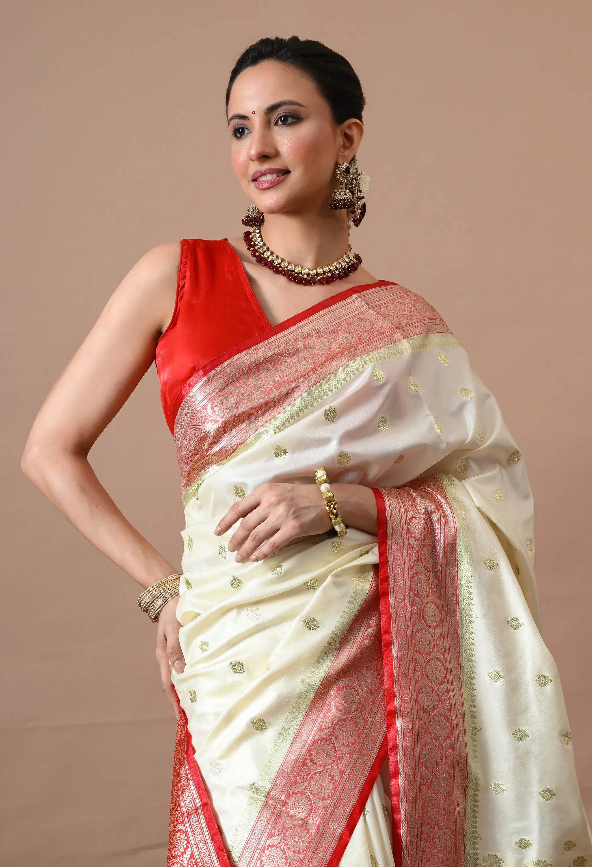 Off-White & Red Silk Blend Banarasi Woven Design Saree