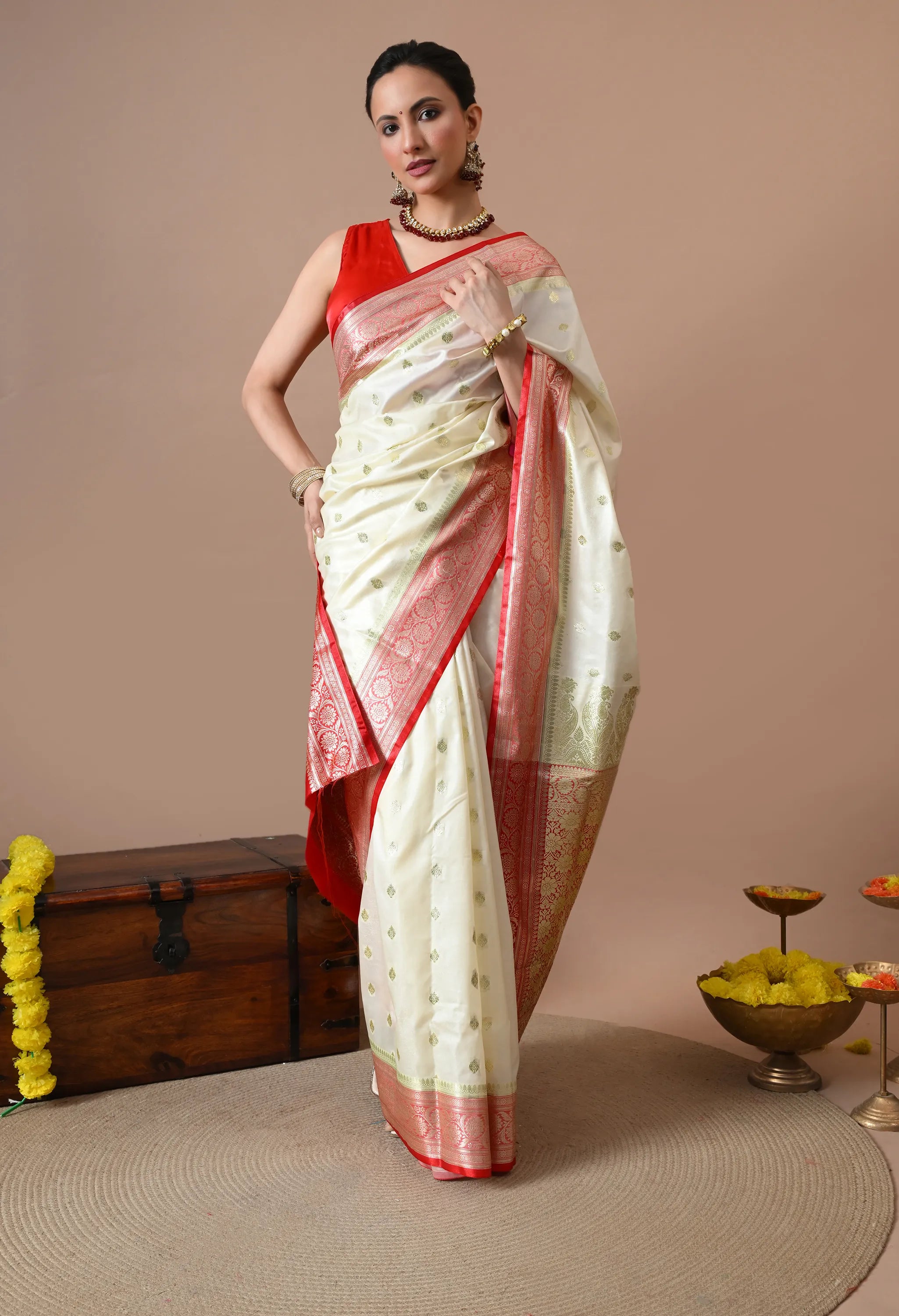 Off-White & Red Silk Blend Banarasi Woven Design Saree