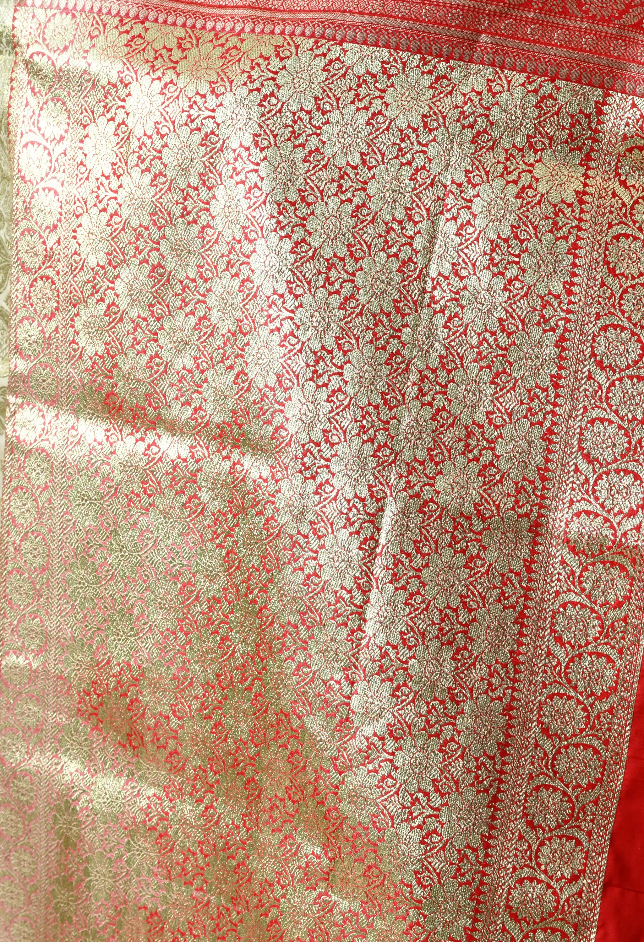 Off-White & Red Silk Blend Banarasi Woven Design Saree