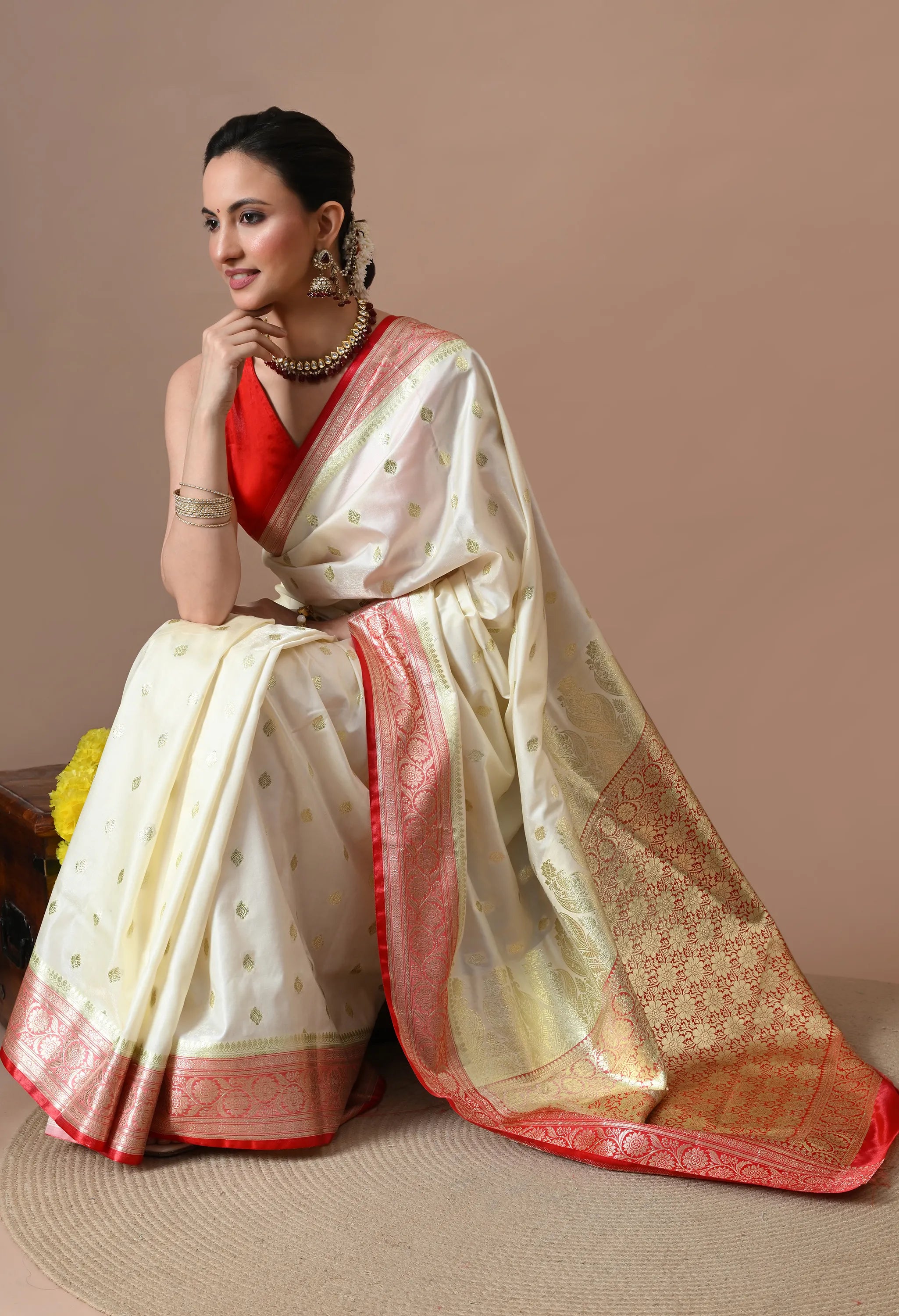 Off-White & Red Silk Blend Banarasi Woven Design Saree