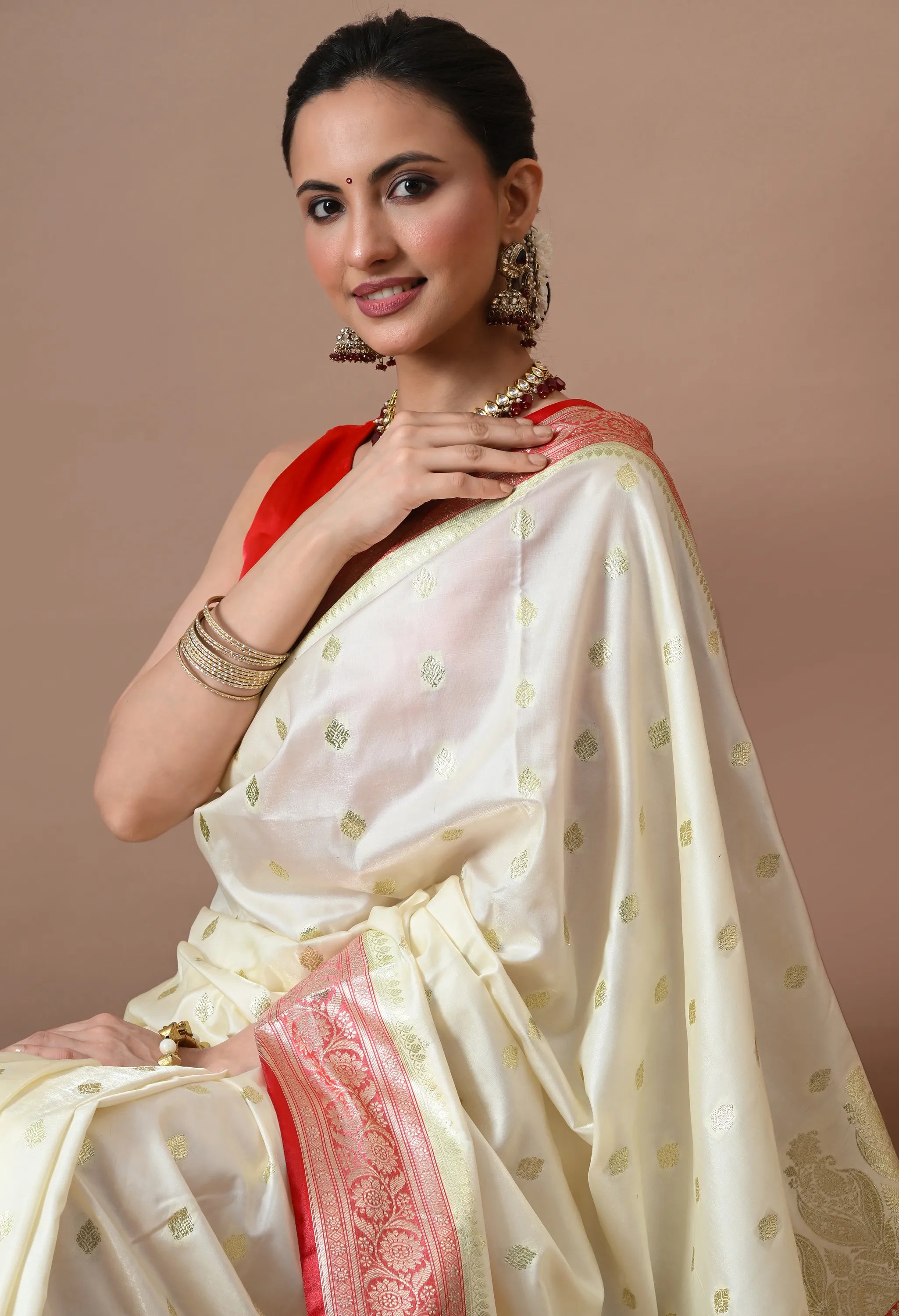 Off-White & Red Silk Blend Banarasi Woven Design Saree