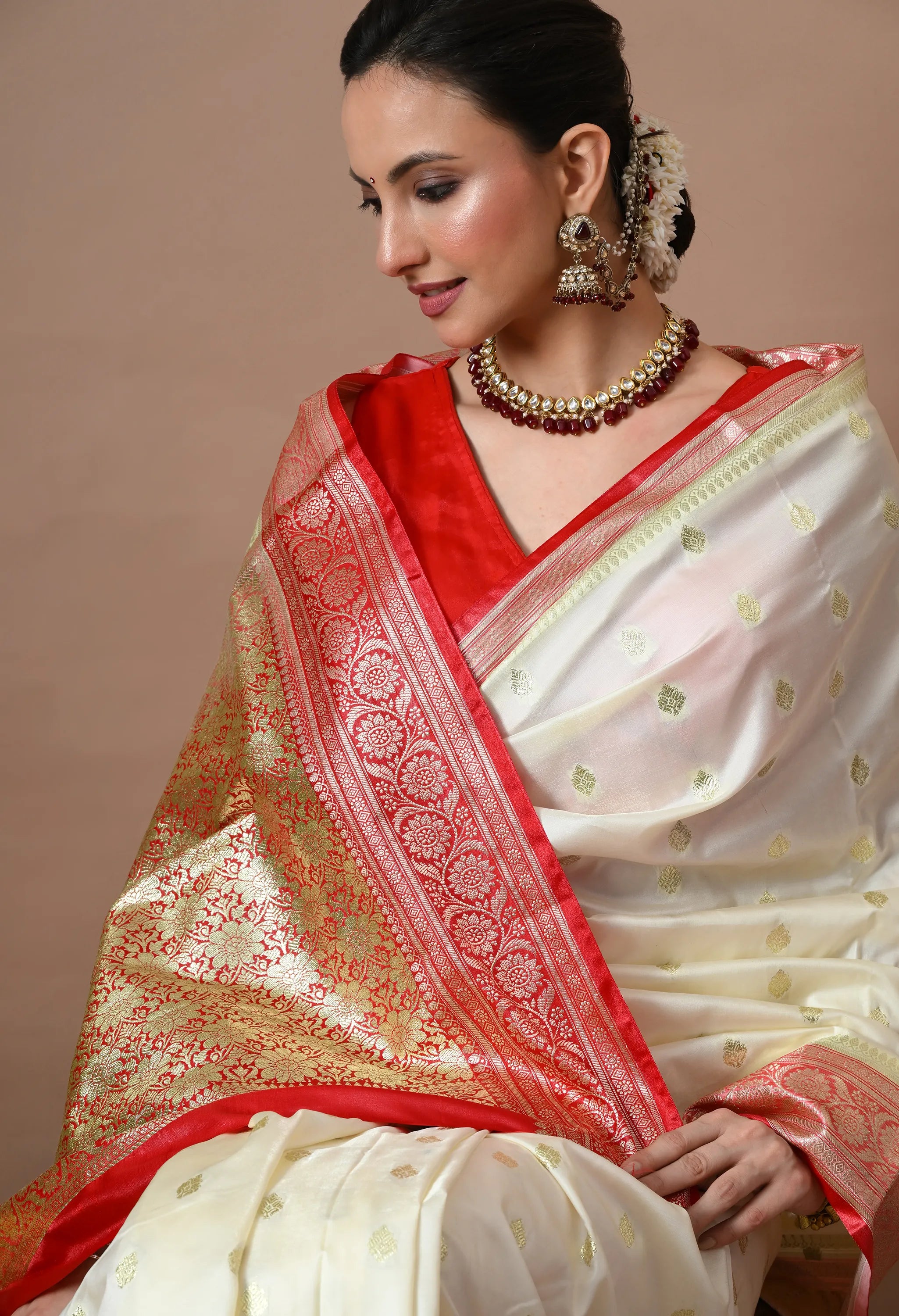 Off-White & Red Silk Blend Banarasi Woven Design Saree