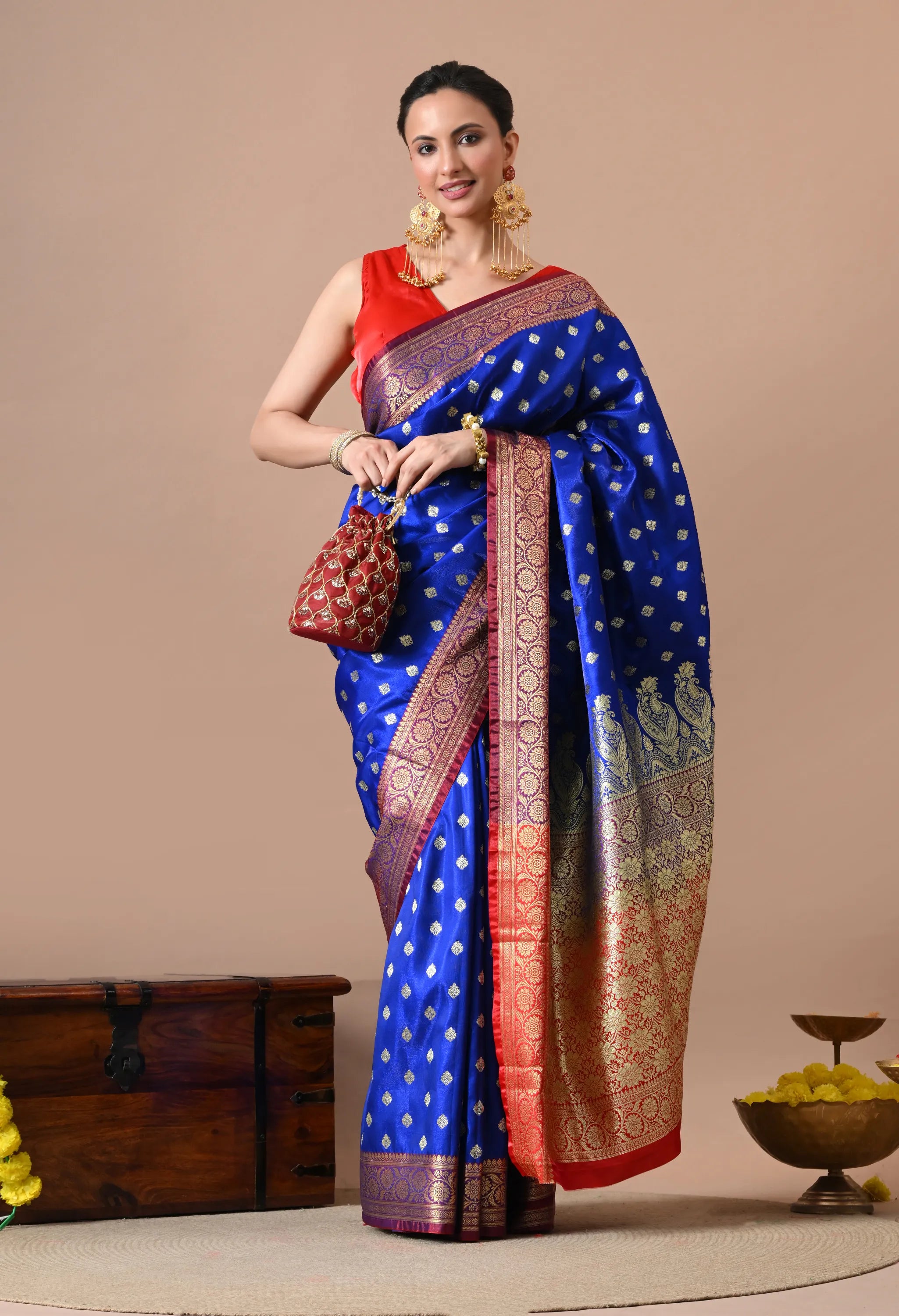 Royal Blue & Gold-Toned Woven Design Silk Blend Banarasi Saree