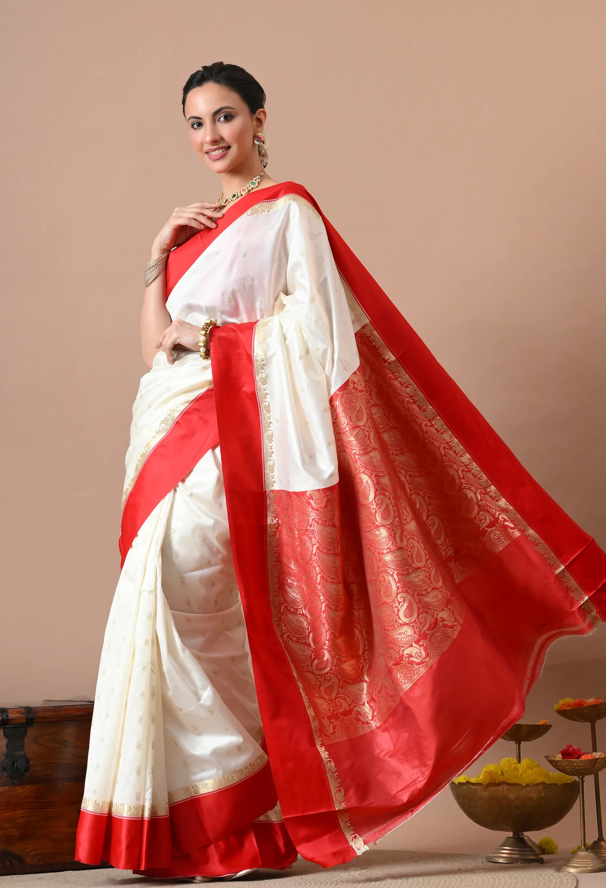 Off-White & Red Woven Design Silk Blend Banarasi Saree with Zari Border