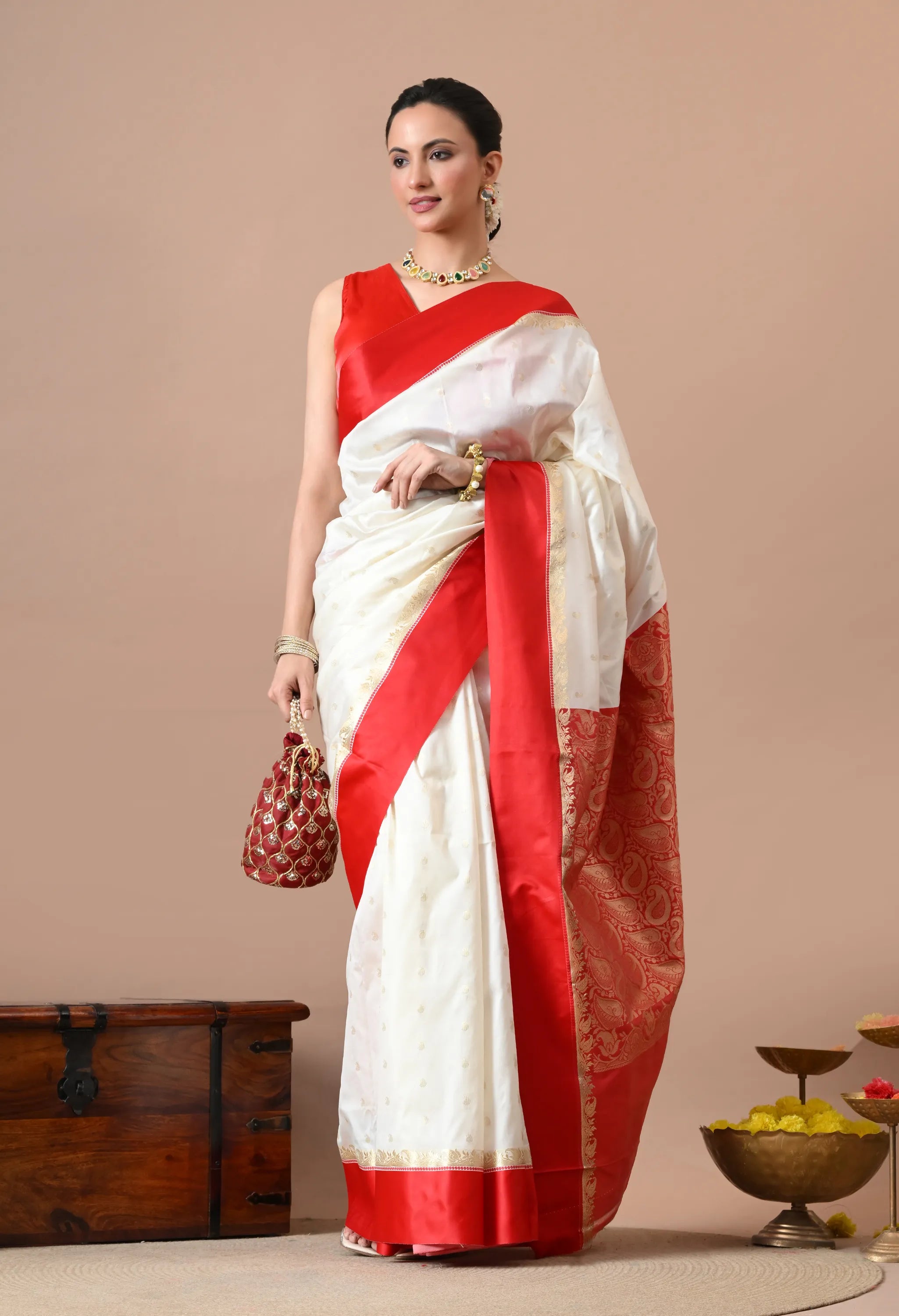 Off-White & Red Woven Design Silk Blend Banarasi Saree with Zari Border
