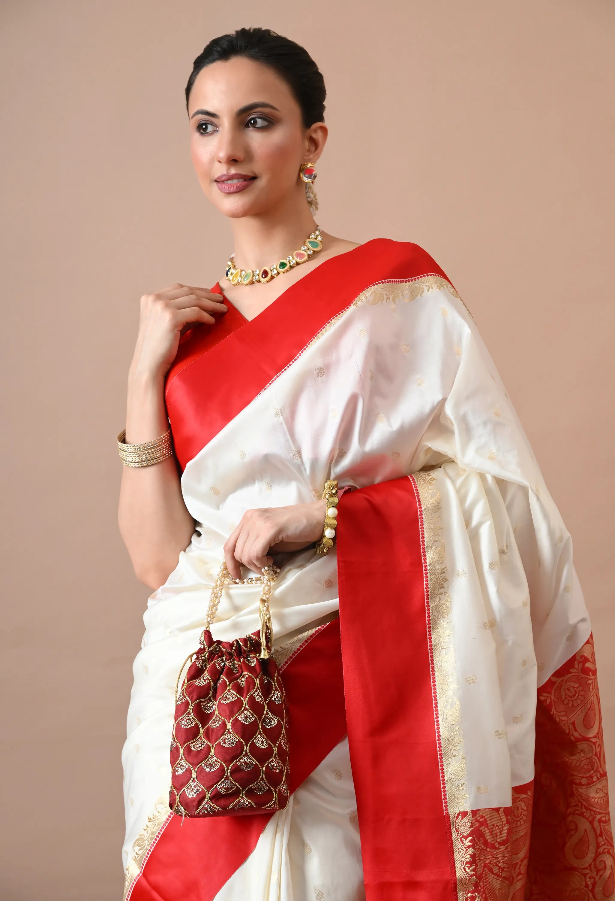 Off-White & Red Woven Design Silk Blend Banarasi Saree with Zari Border