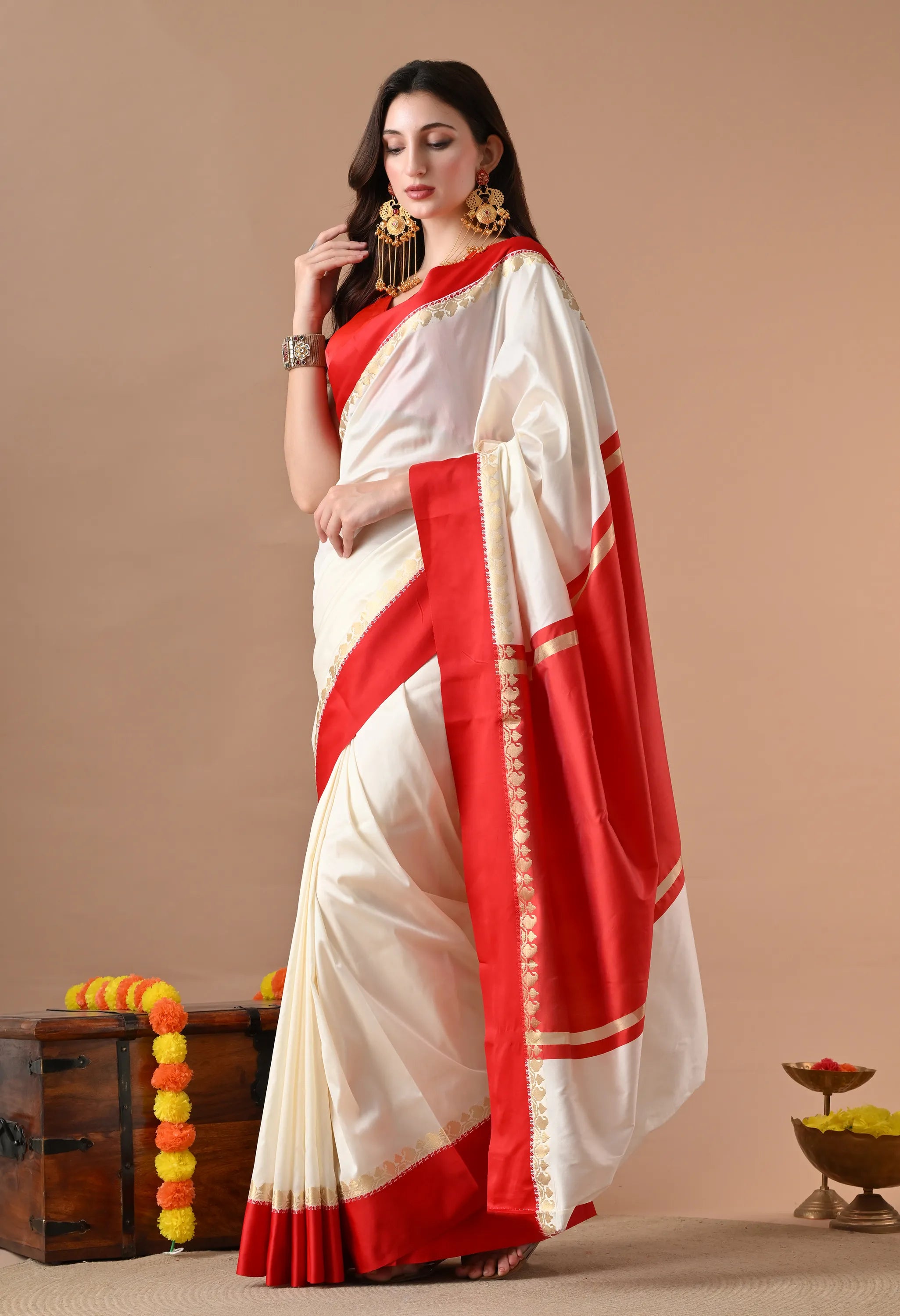 Elegant Ivory & Red Silk Blend Saree with Zari Border