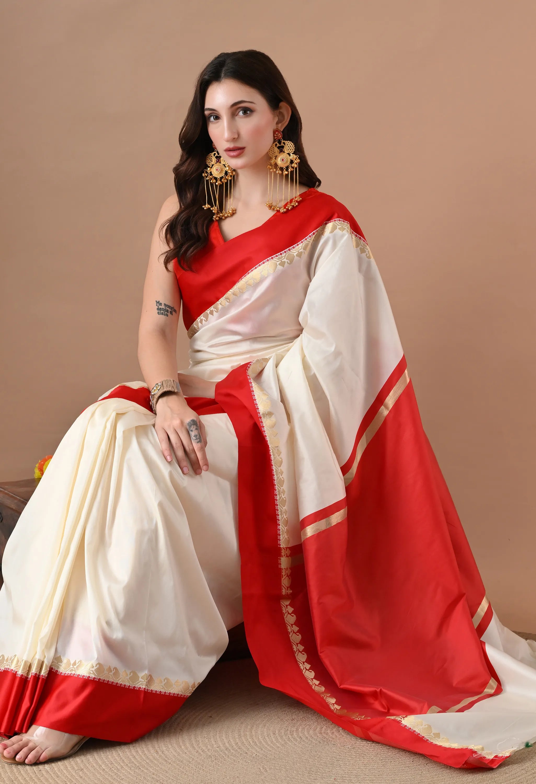 Elegant Ivory & Red Silk Blend Saree with Zari Border