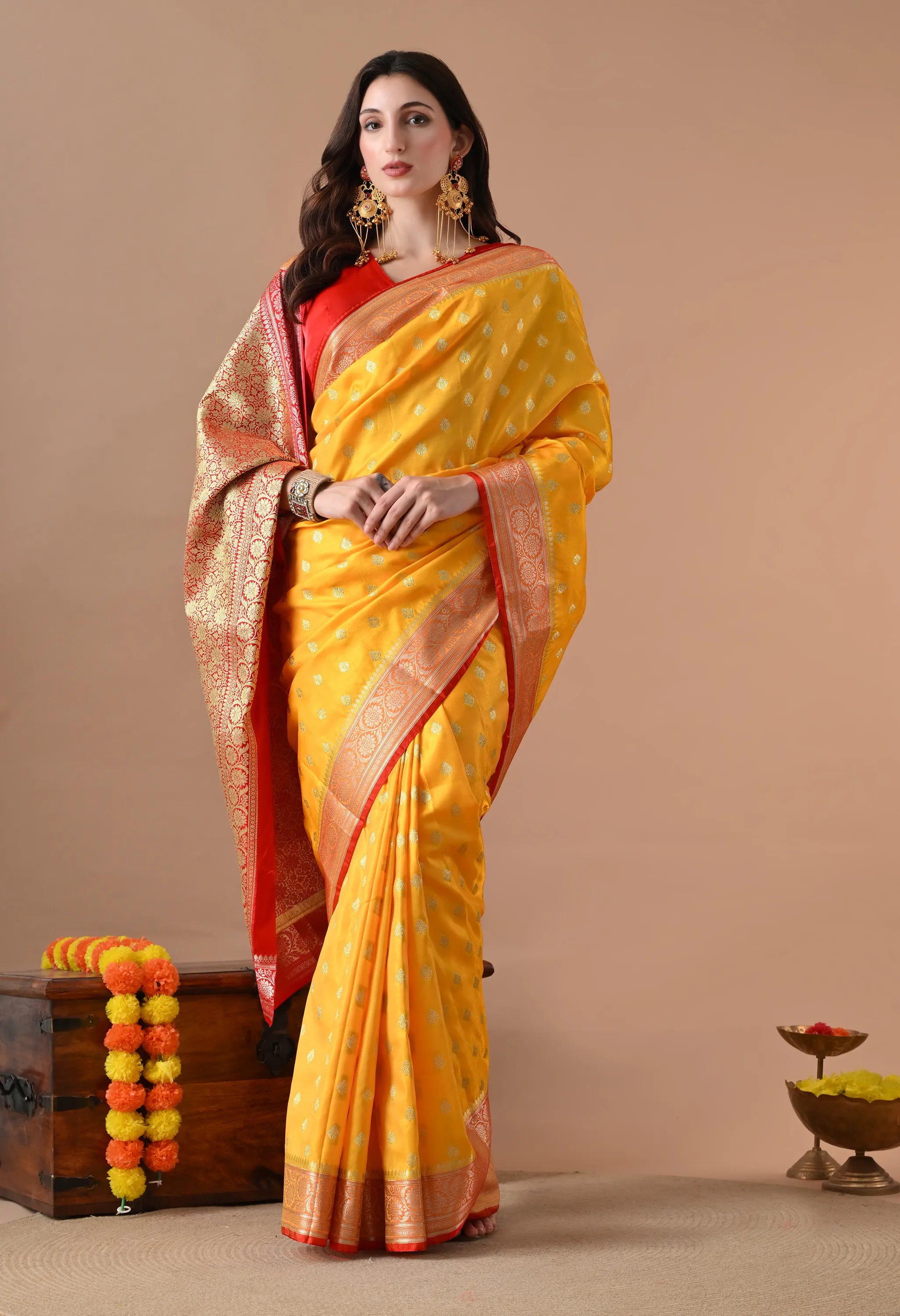 Ethnic Elegance Yellow & Red Silk-Blend Banarasi Saree with Zari Border