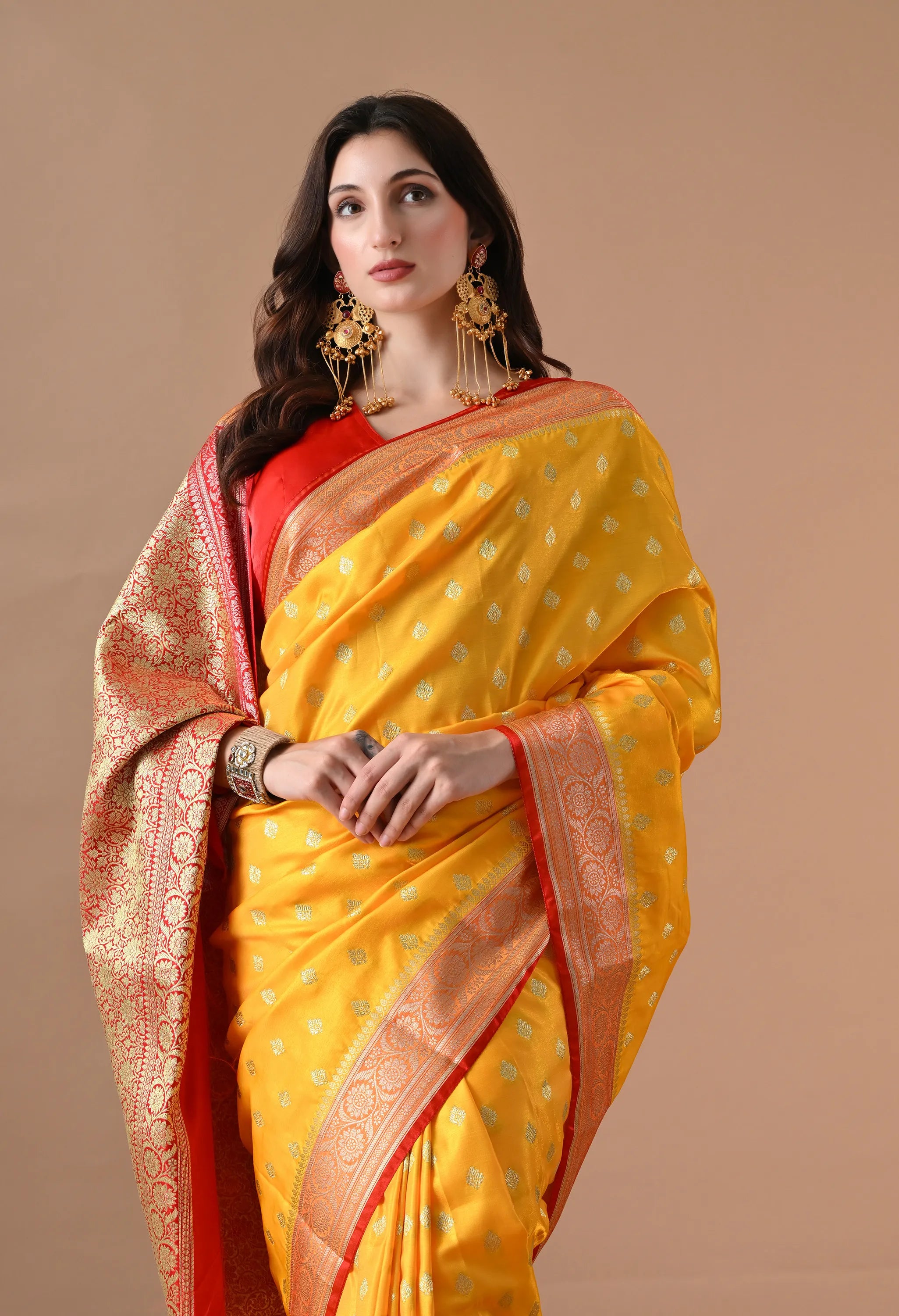 Ethnic Elegance Yellow & Red Silk-Blend Banarasi Saree with Zari Border
