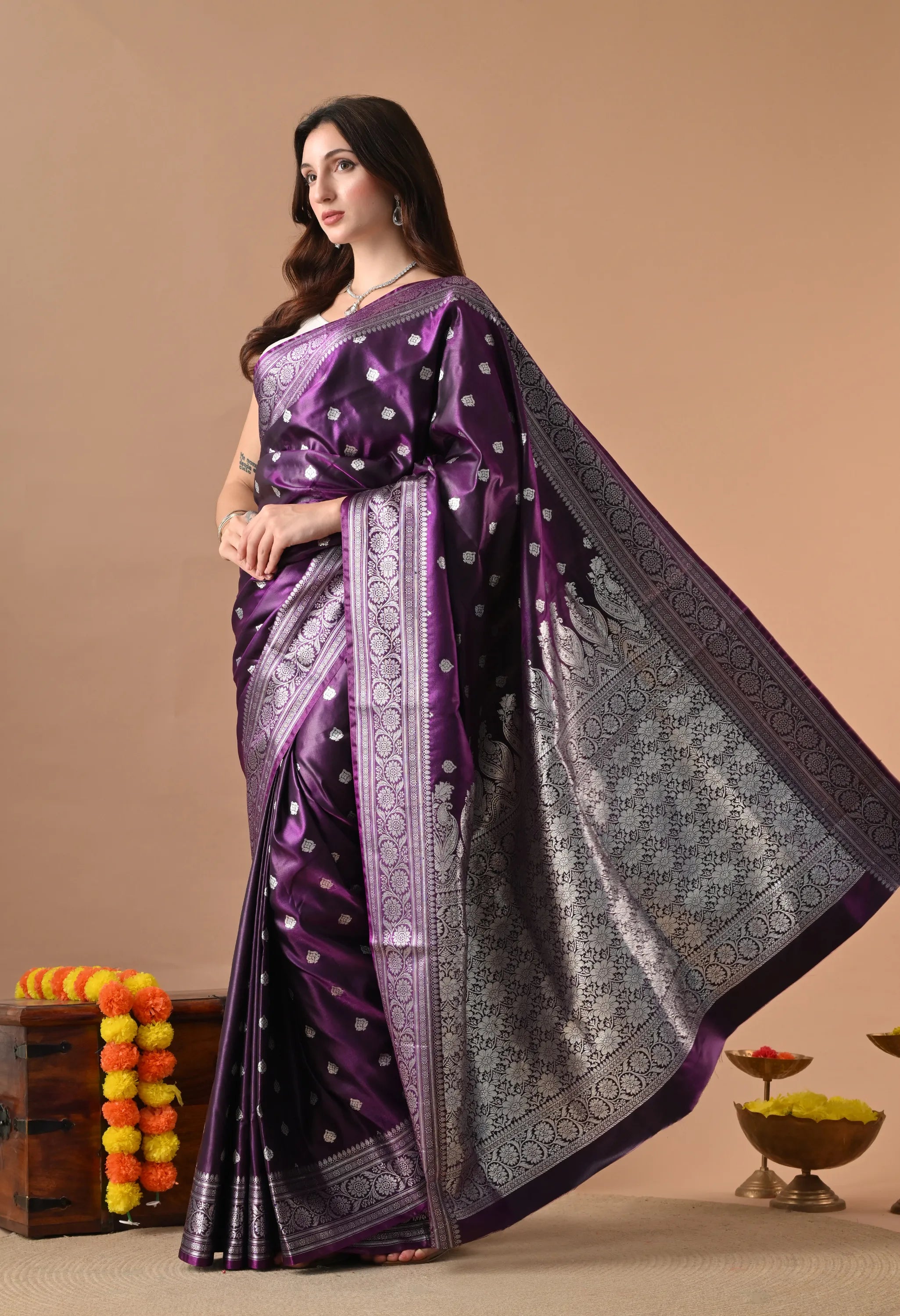 Majestic Purple & Silver Toned Woven Design Silk Blend Banarasi Saree
