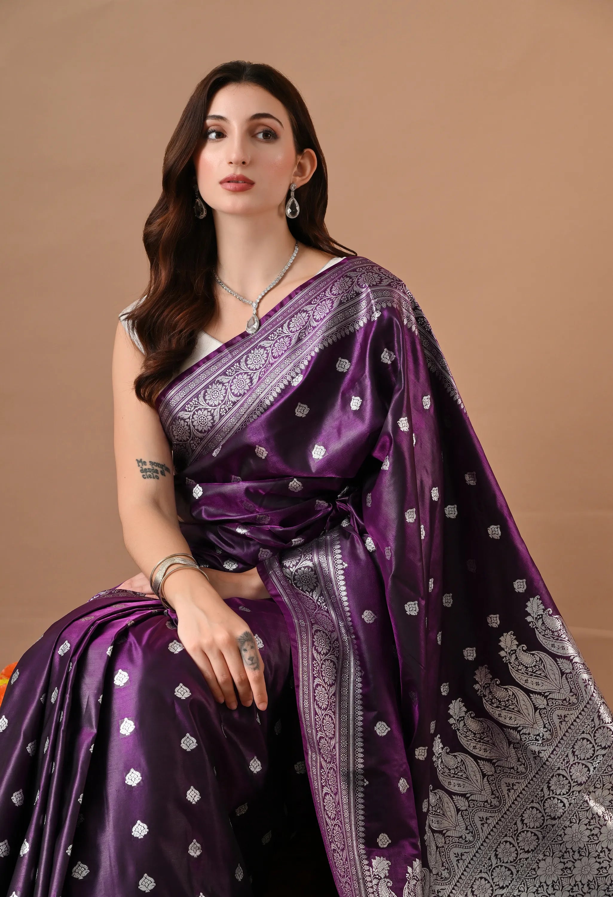 Majestic Purple & Silver Toned Woven Design Silk Blend Banarasi Saree