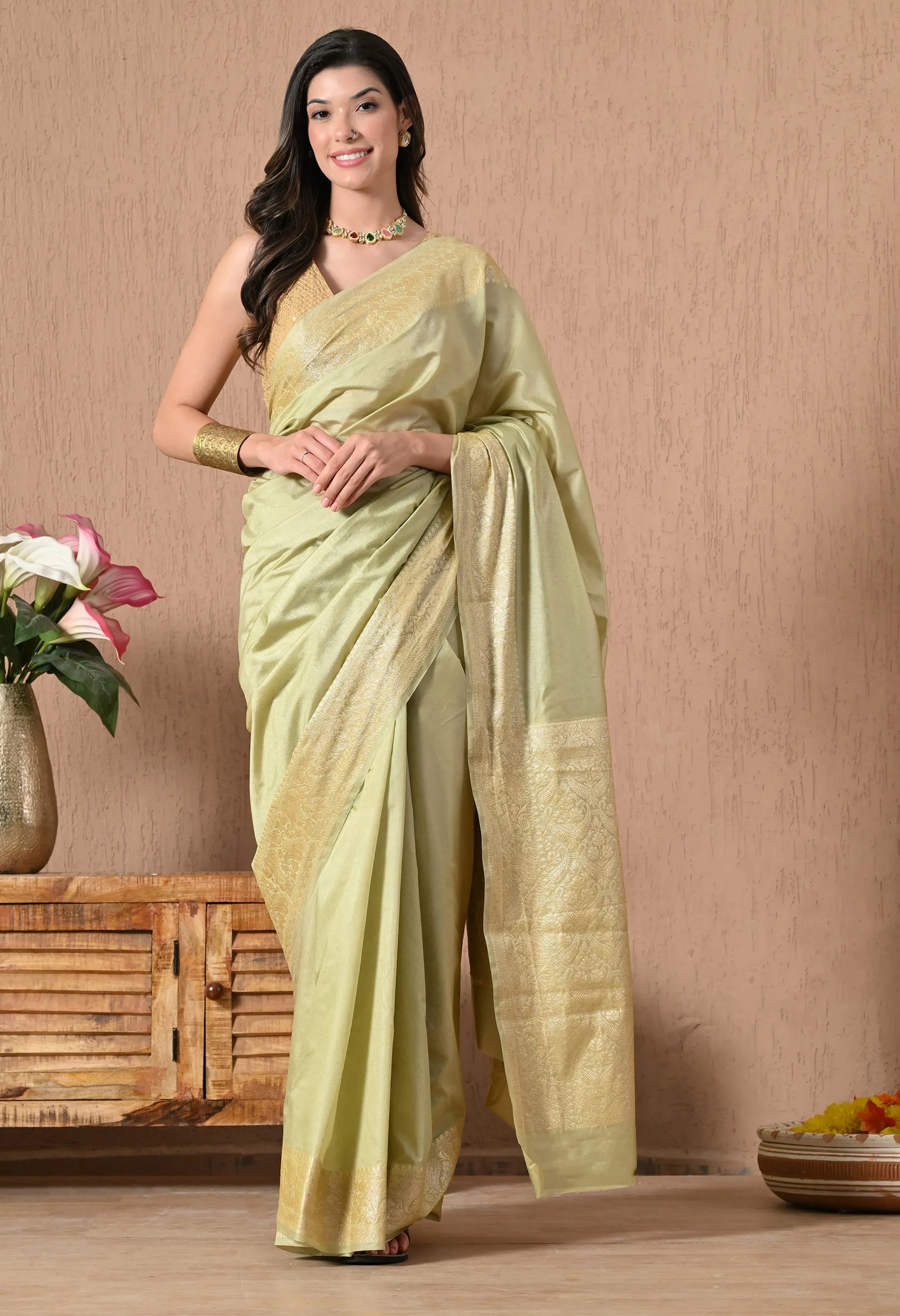designer beige green silk saree