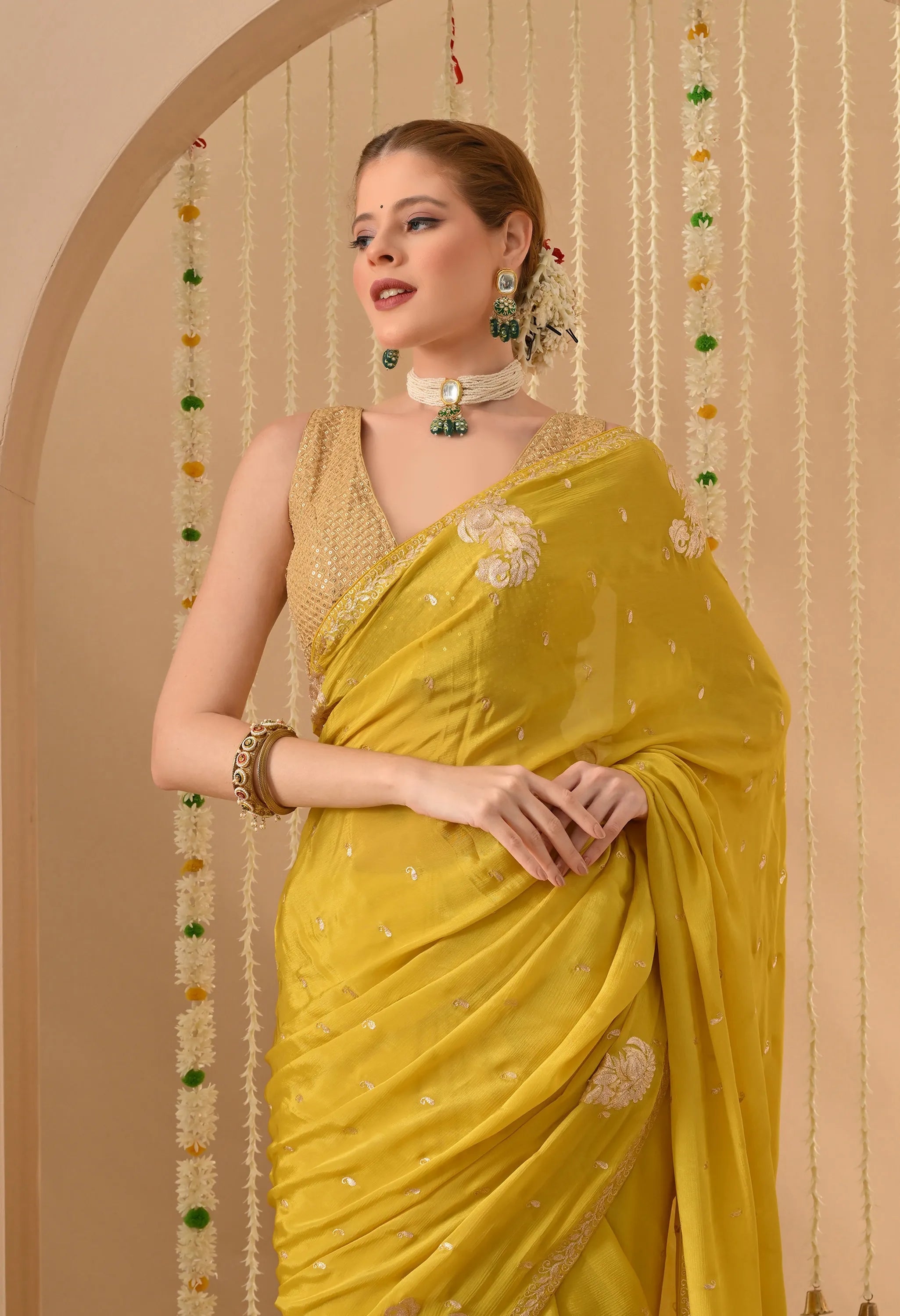 Party wear Yellow saree handmade