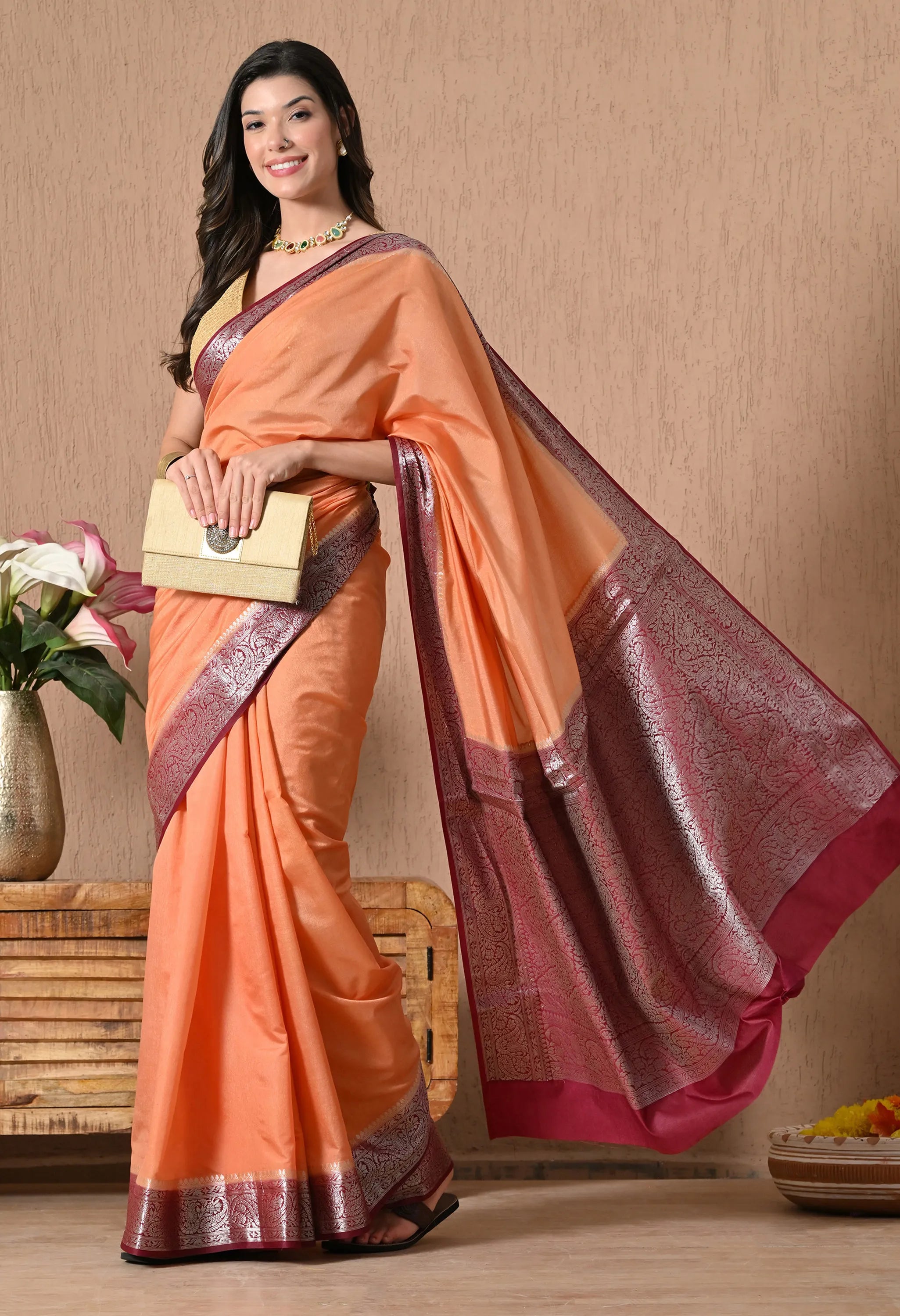 Designer orange silk saree