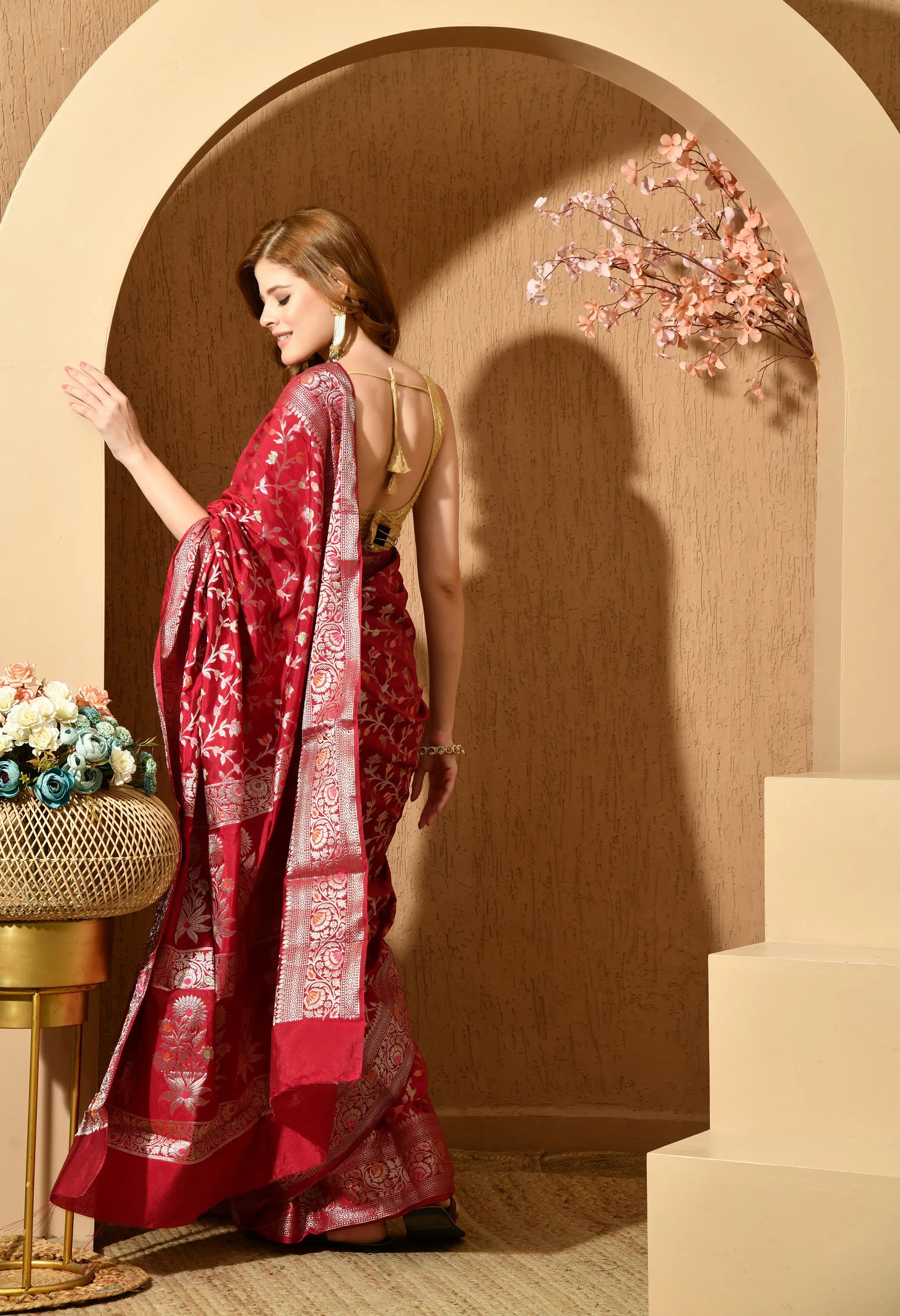 Designer red silk saree for women online