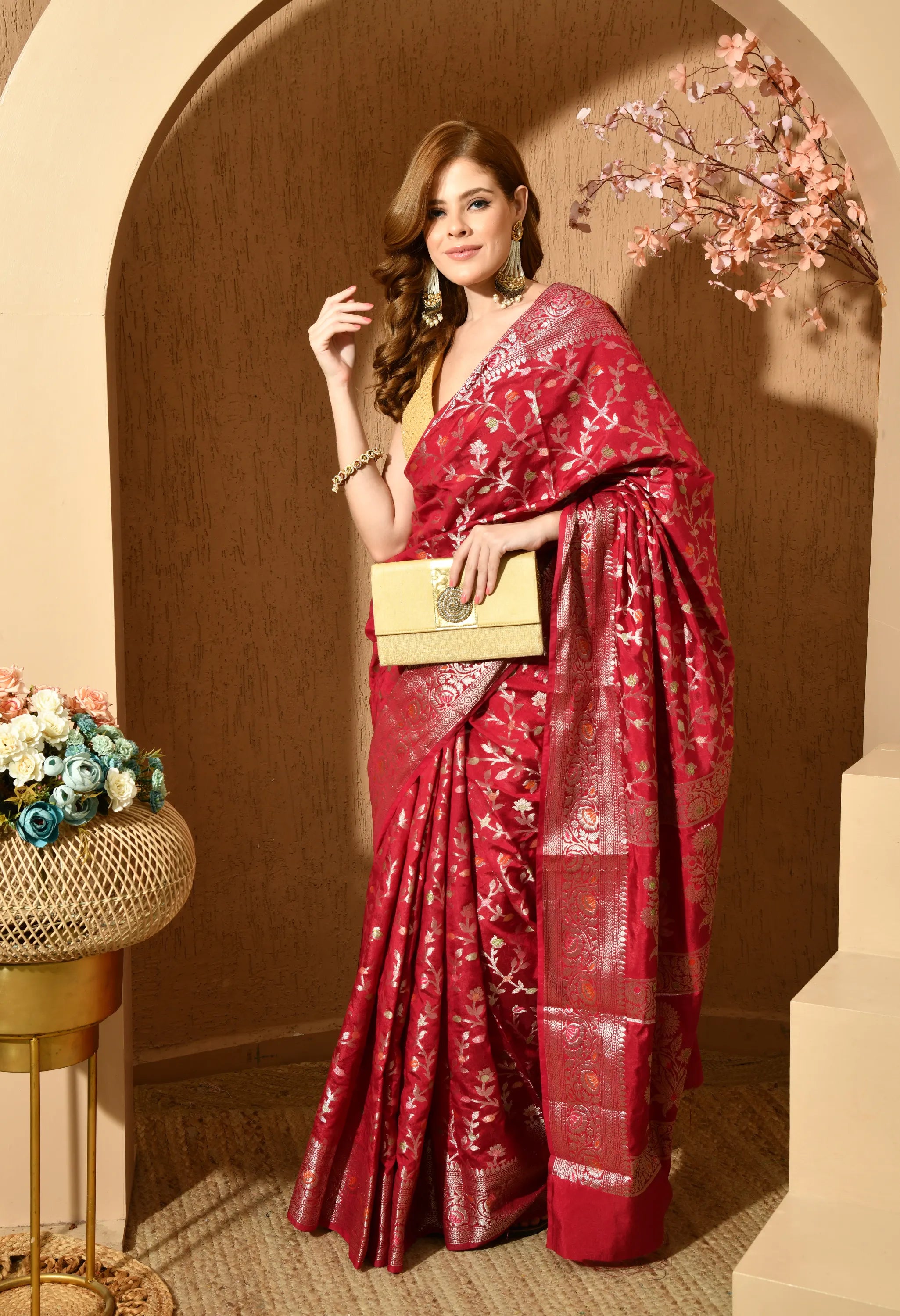 Designer red silk saree for women online