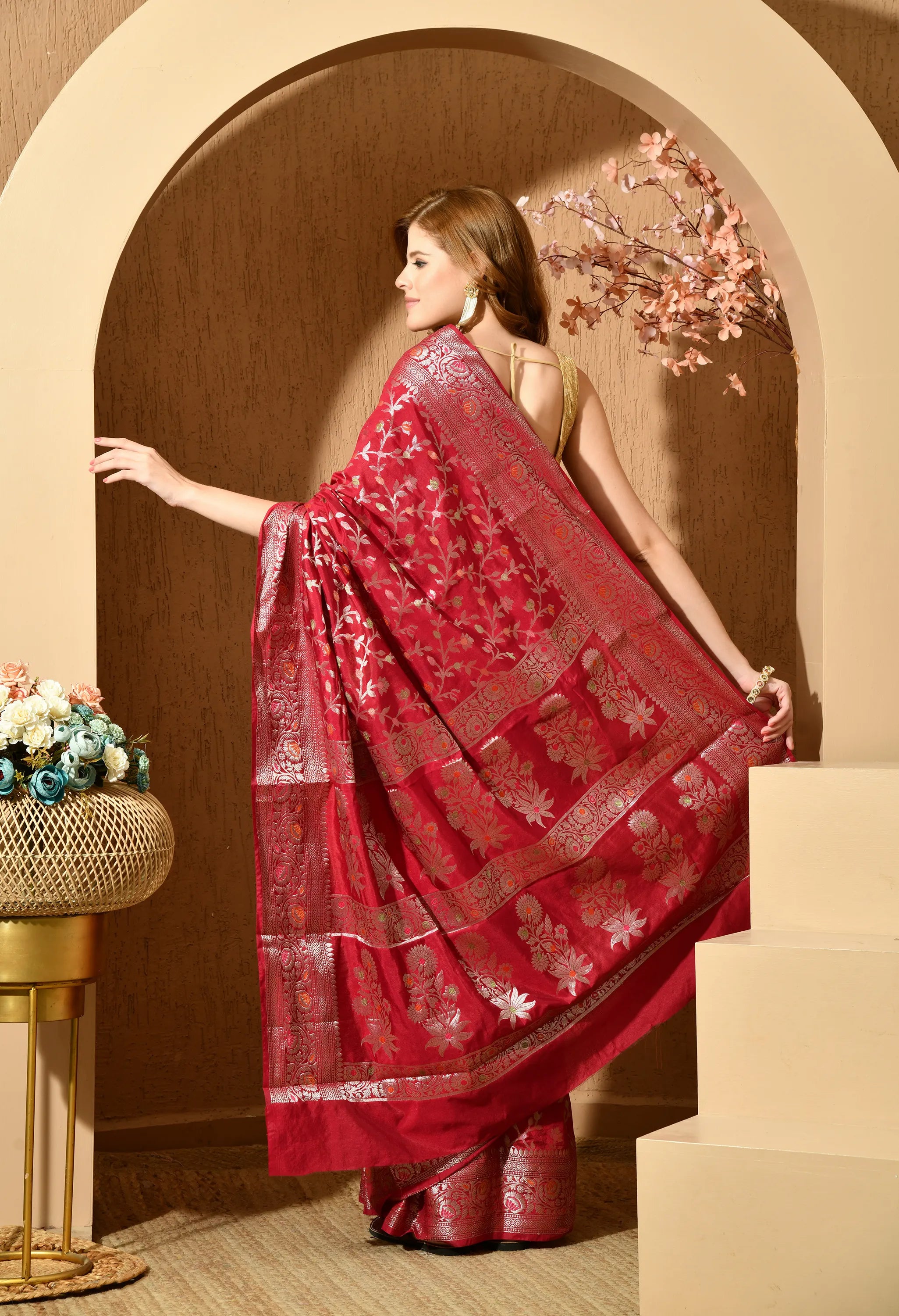 Designer red silk saree for women online