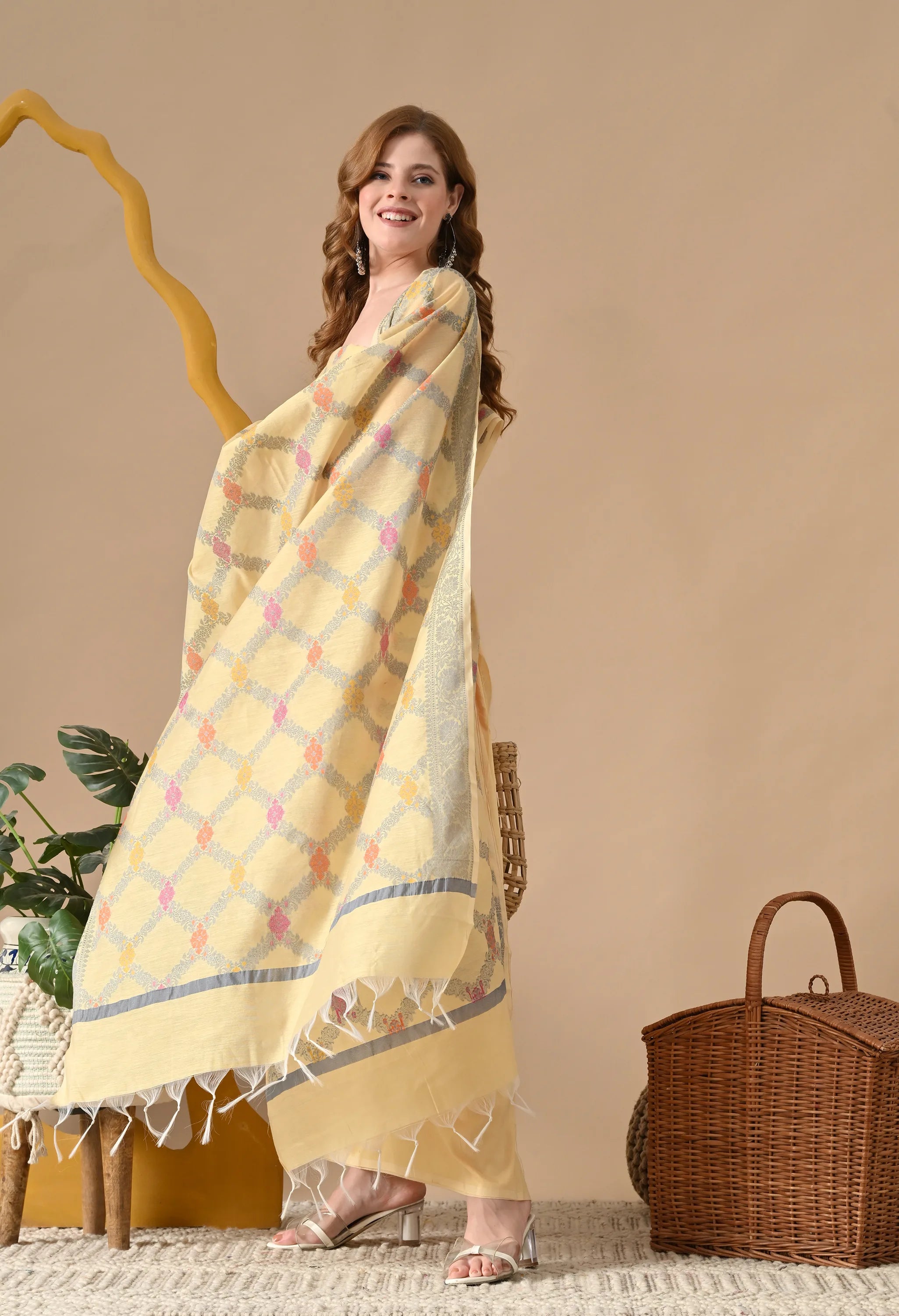 Designer yellow chanderi cotton suit set