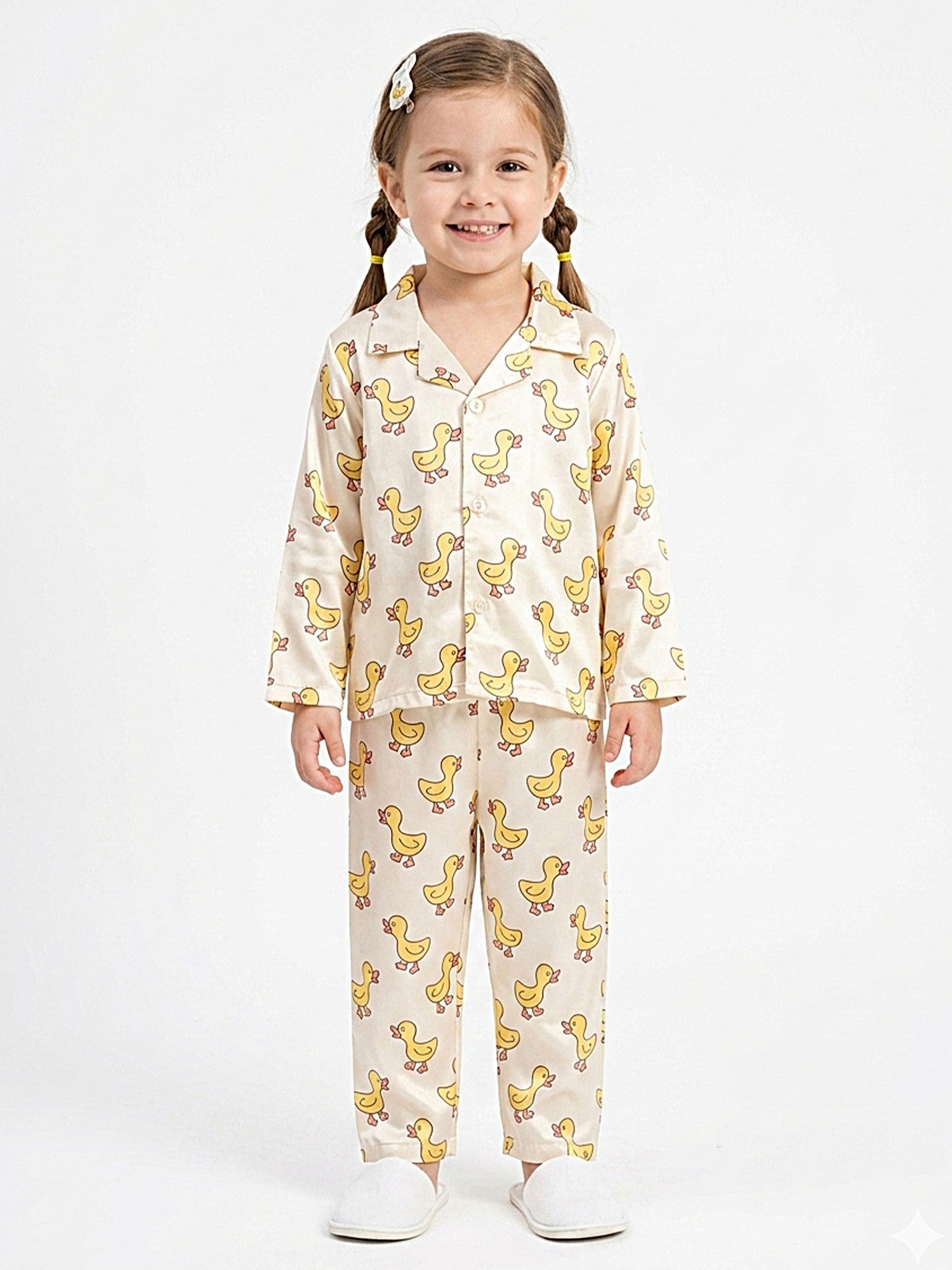 Young Girl smiling while wearing a cream-colored, satin cartoon duck print pajama set.