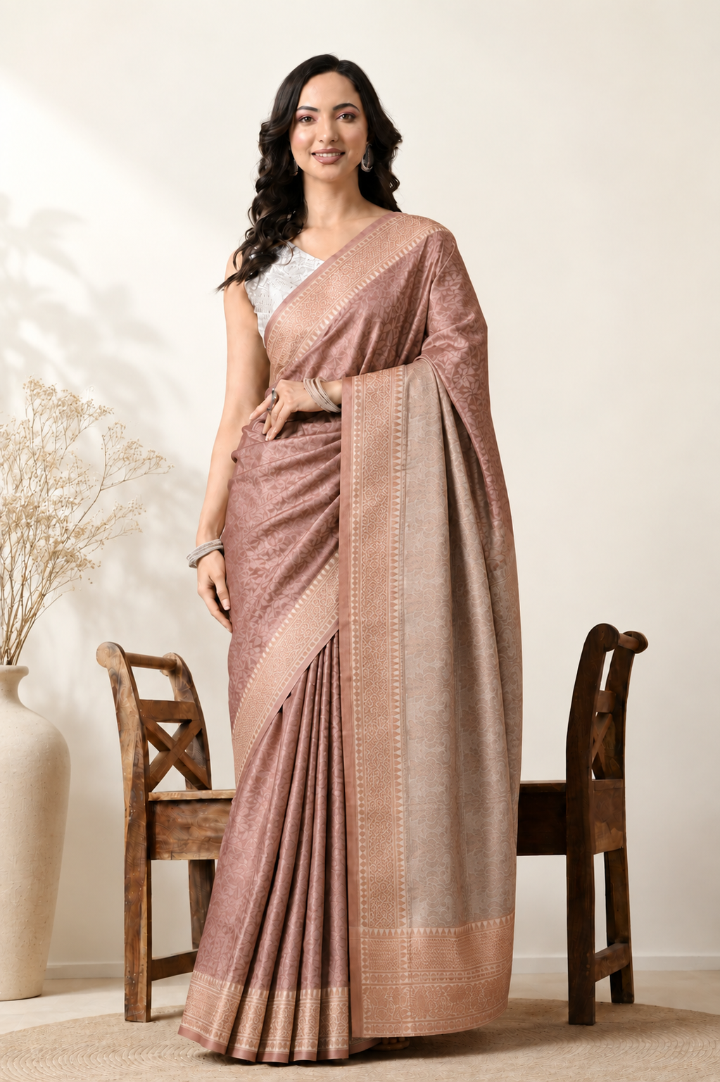 Dusty rose art silk saree with woven floral pattern and ornate beige-gold border