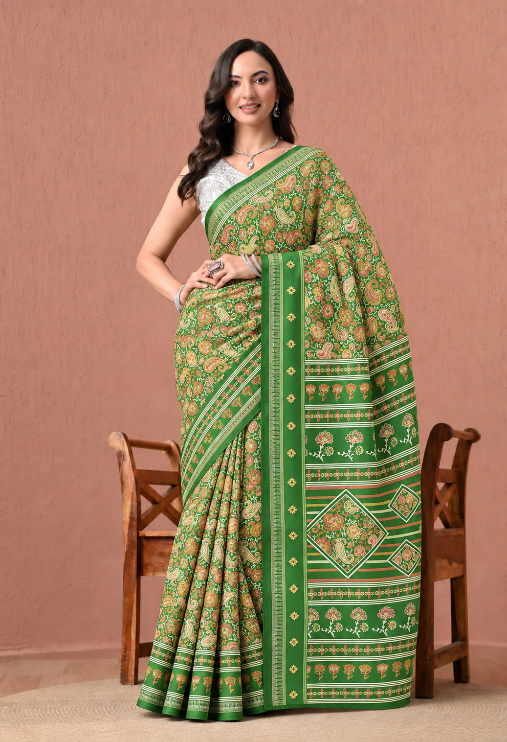 Pair this elegant green saree with a matching or contrasting blouse, statement earrings, and traditional heels for a graceful festive look.
