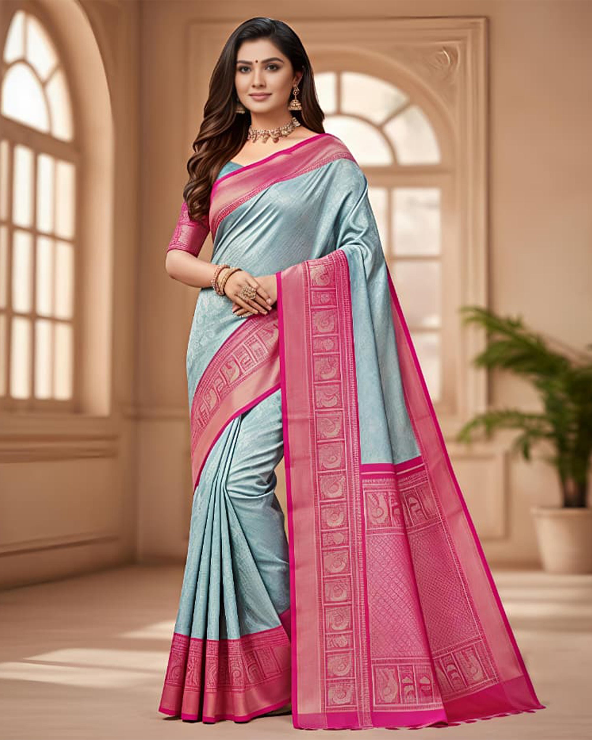 Ethnic Women’s Sky Blue & Rani Pink Art Silk Kanjeevaram Style Saree with Woven Border