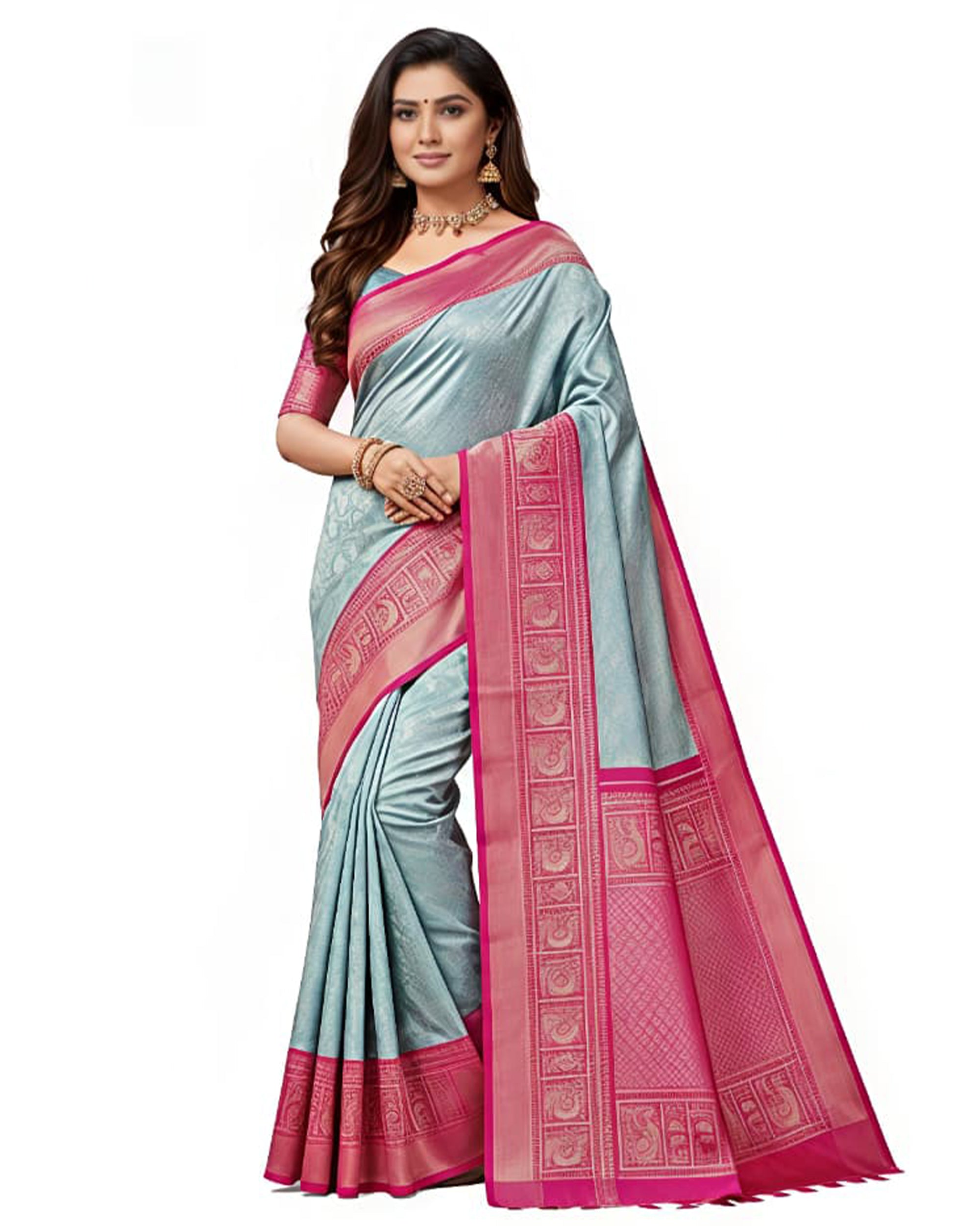Ethnic Women’s Sky Blue & Rani Pink Art Silk Kanjeevaram Style Saree with Woven Border