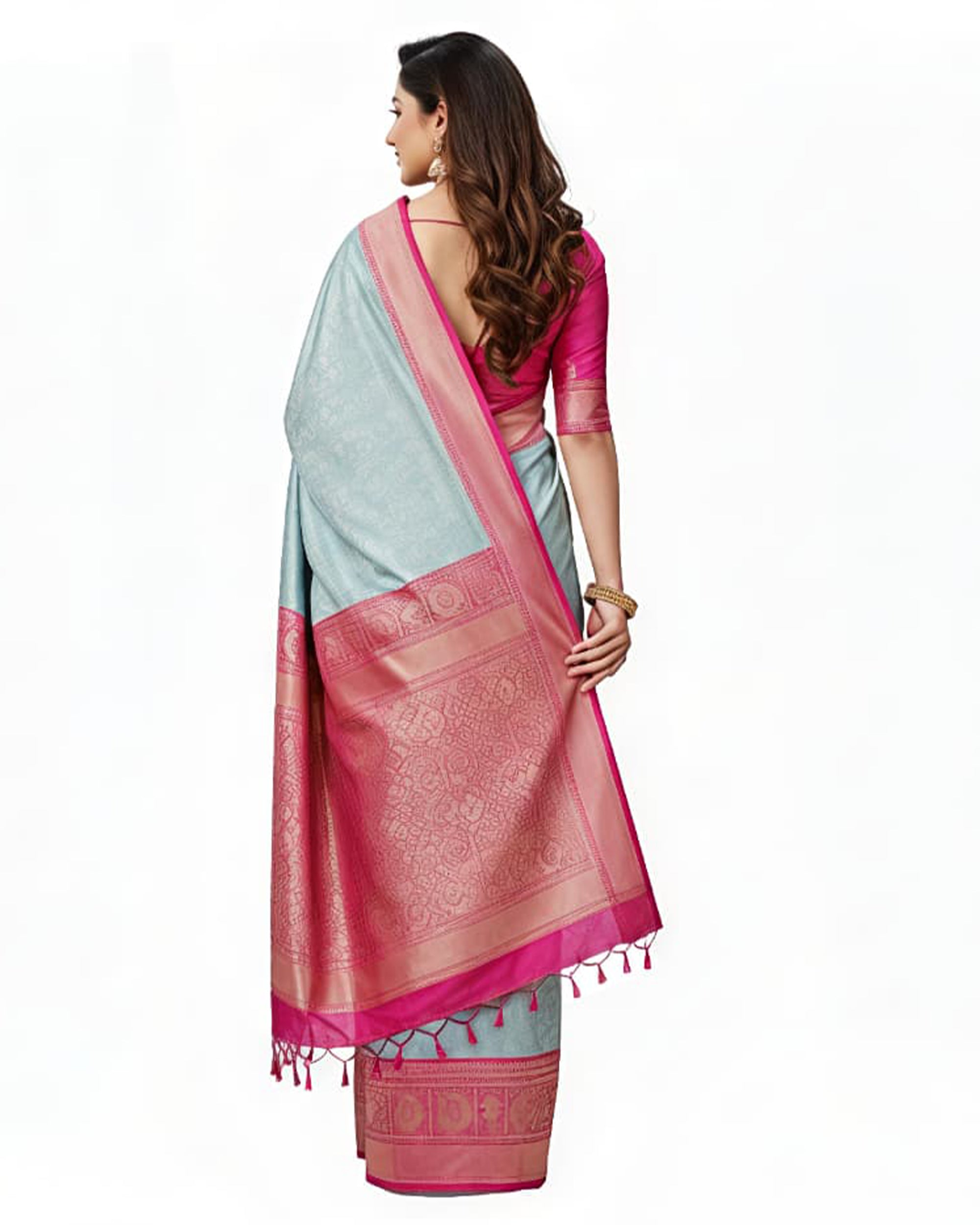 Ethnic Women’s Sky Blue & Rani Pink Art Silk Kanjeevaram Style Saree with Woven Border