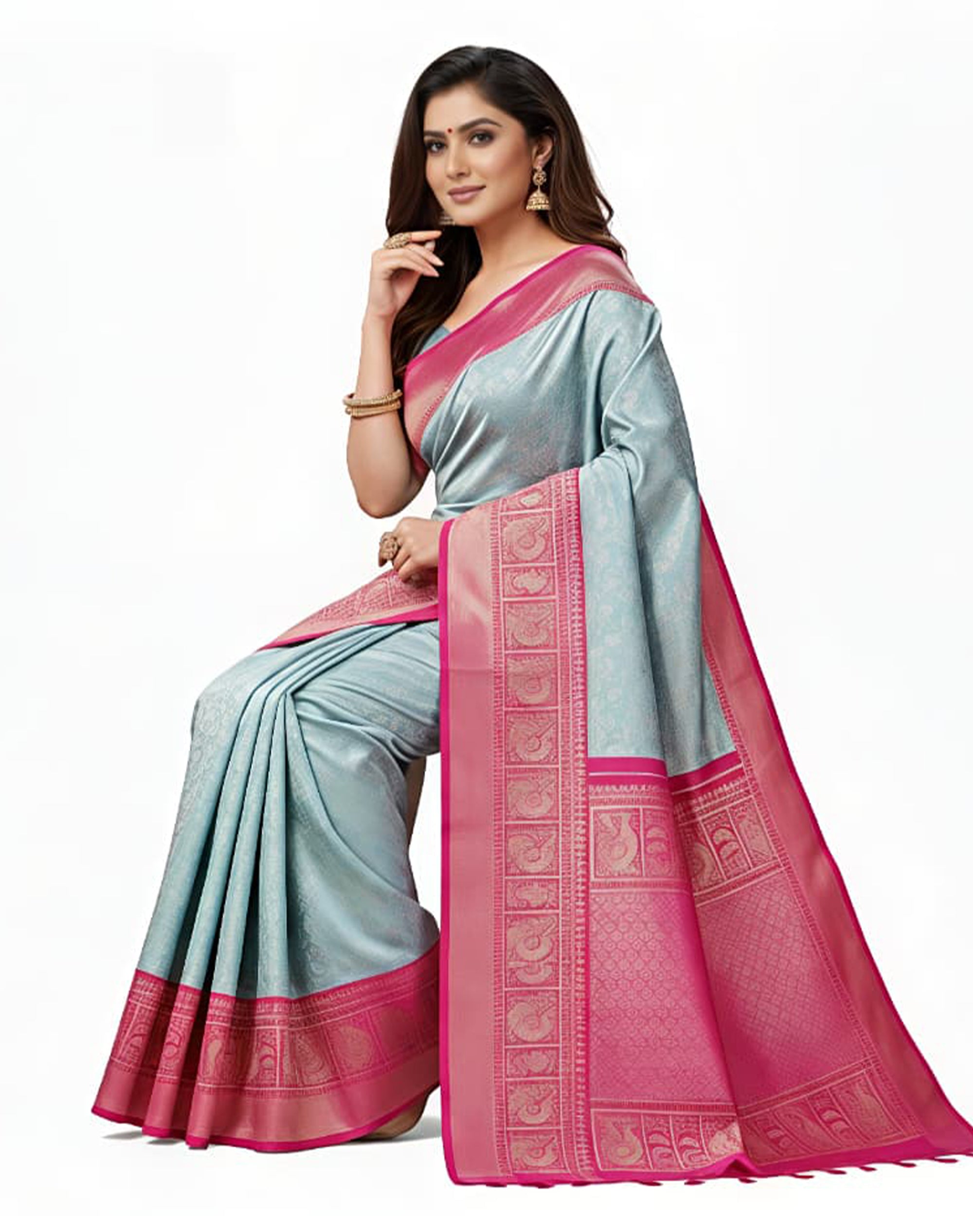 Ethnic Women’s Sky Blue & Rani Pink Art Silk Kanjeevaram Style Saree with Woven Border
