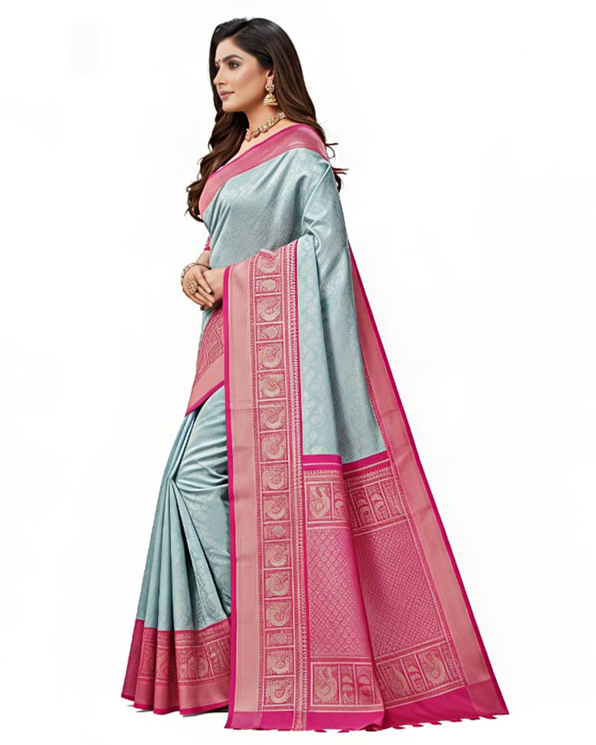 Ethnic Women’s Sky Blue & Rani Pink Art Silk Kanjeevaram Style Saree with Woven Border