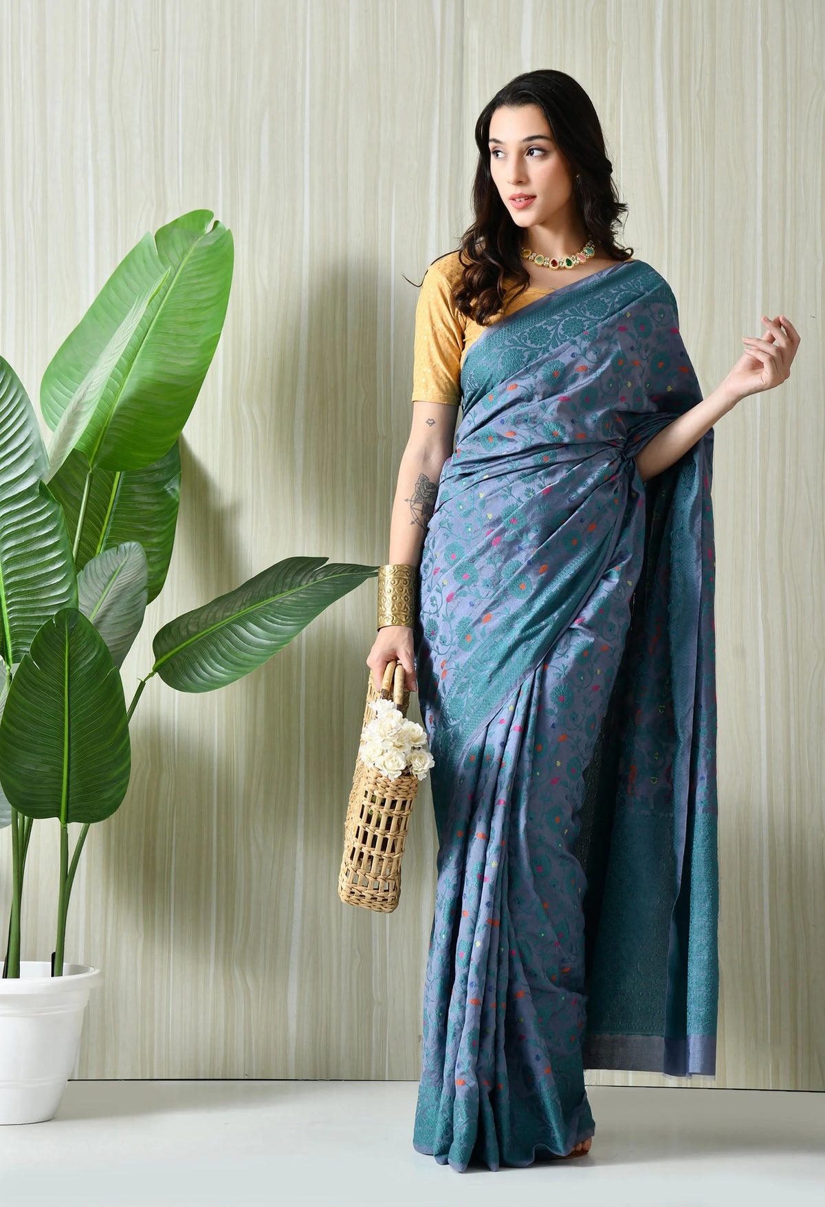 Ethnic blue saree for Raksha Bandhan