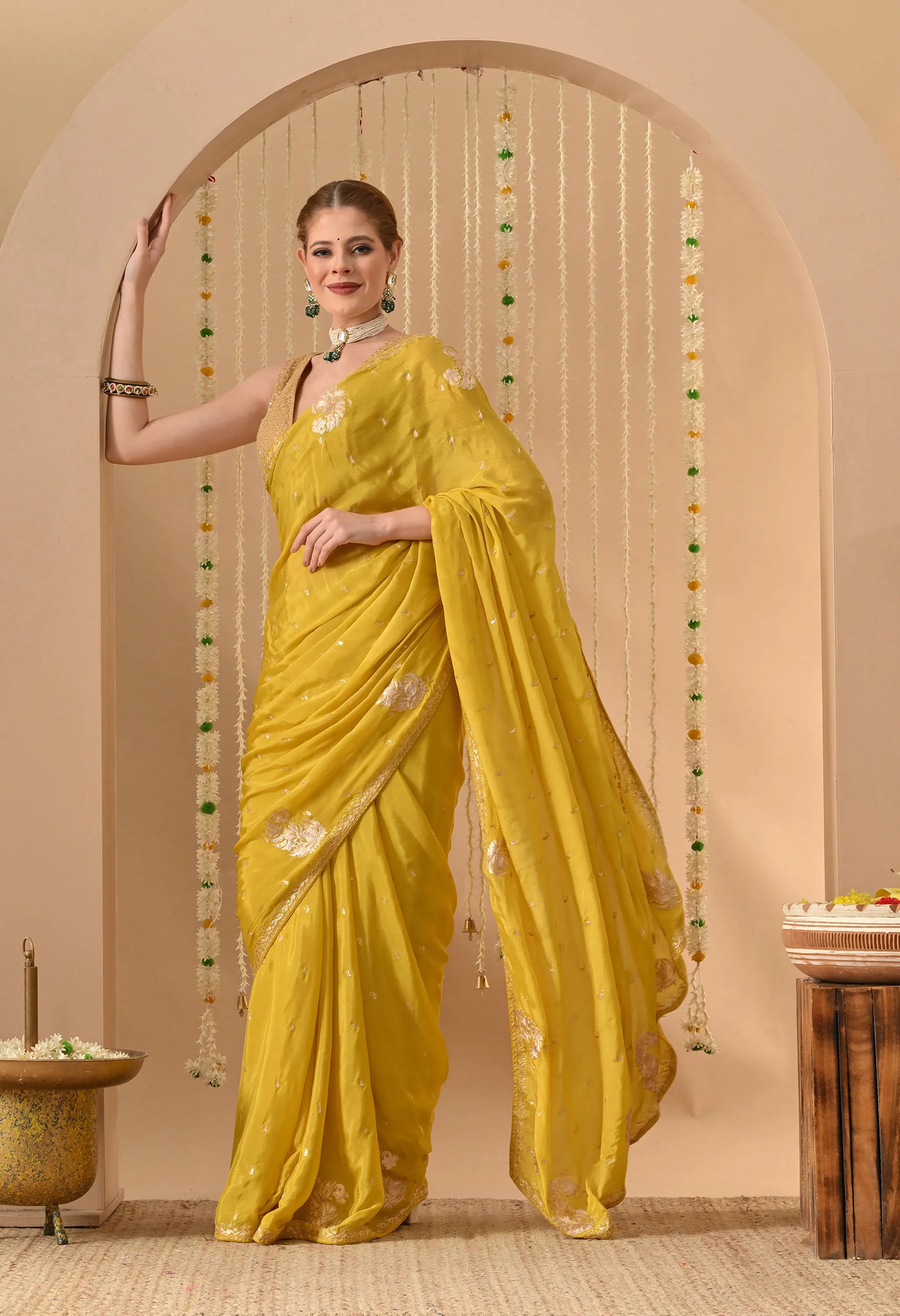 Party wear Yellow saree handmade