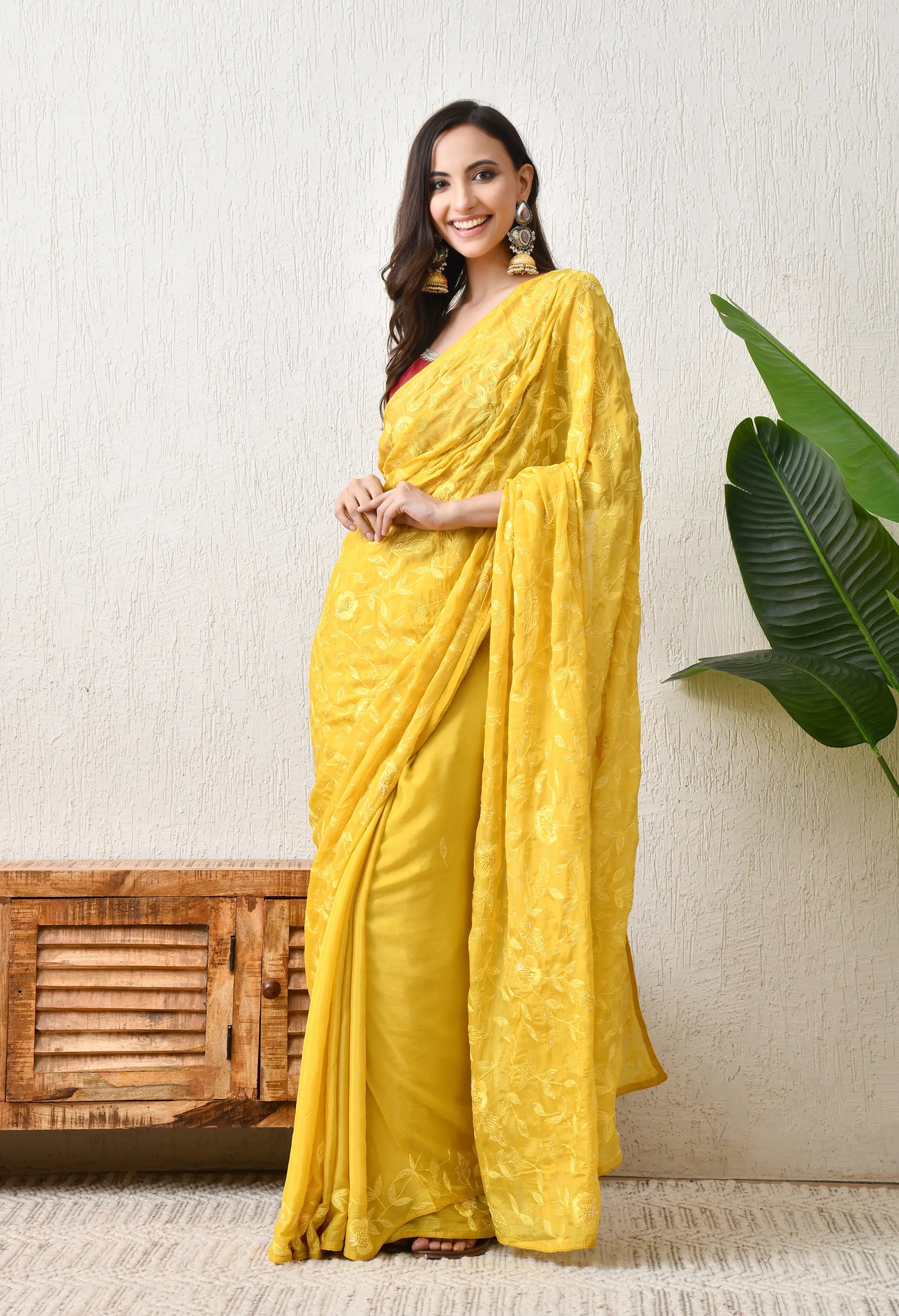 Festive Chiffon Yellow Saree