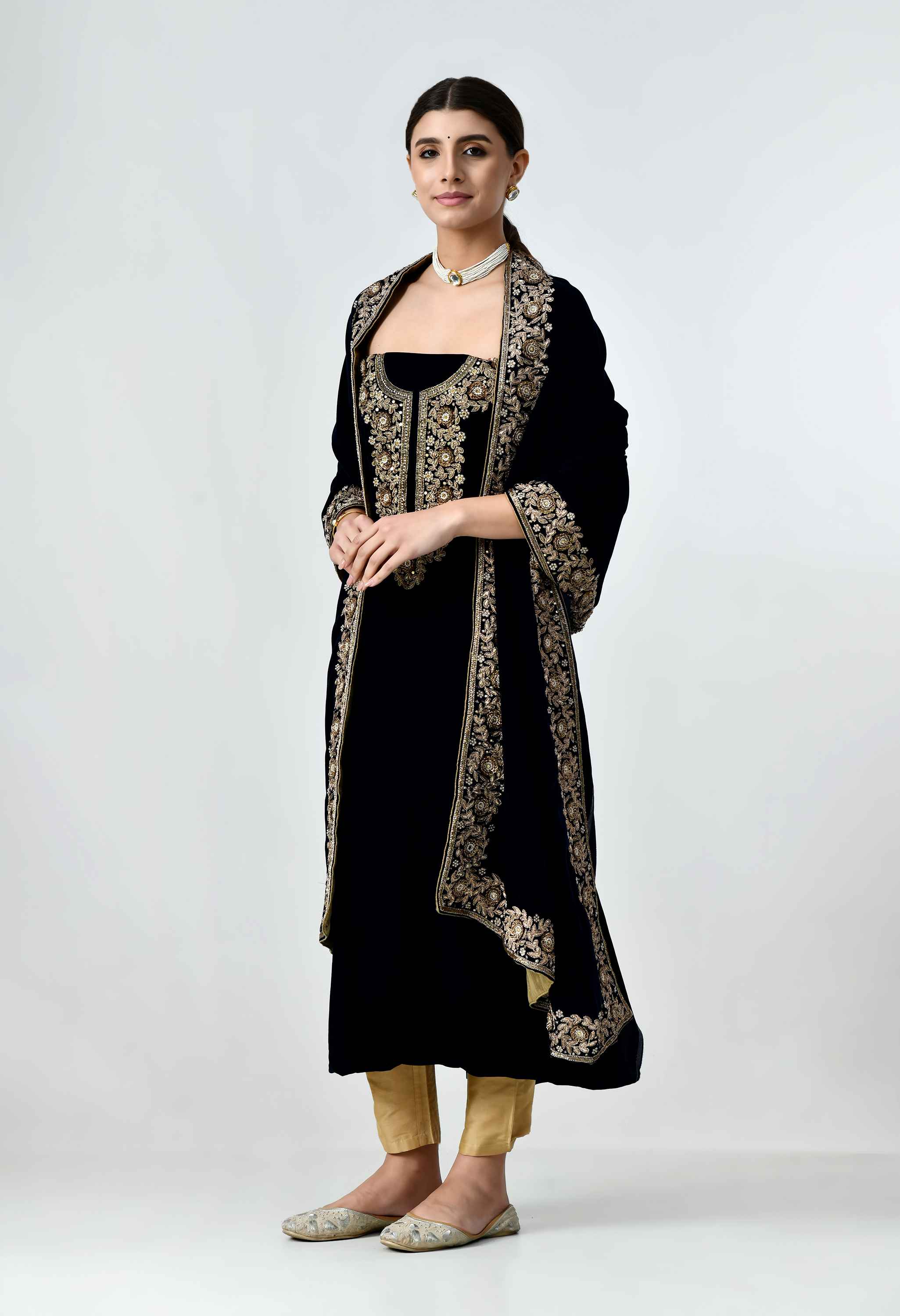 Festive velvet suit with zardosi work