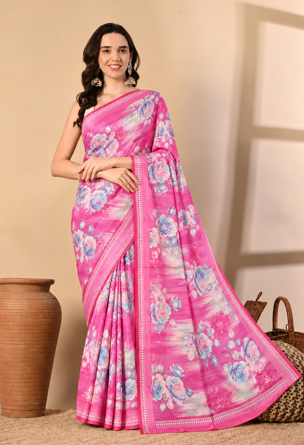 Pair this floral silk blend saree with statement earrings and a matching blouse for a graceful and sophisticated traditional look.
