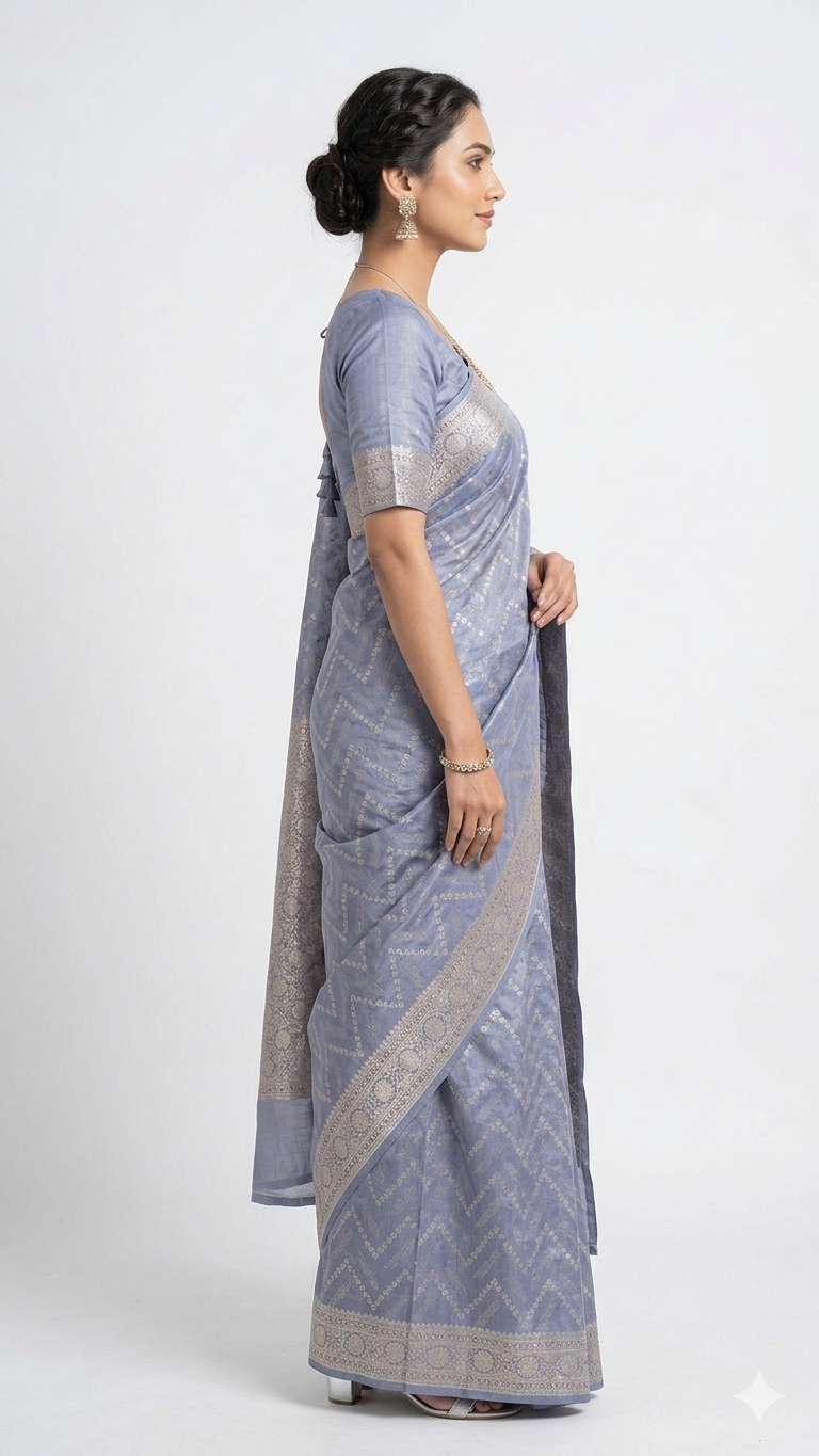 Side profile of a woman wearing a light blue Banarasi silk saree with silver floral motifs and a broad, intricate silver zari border, showcasing the elegant drape against a plain white background
