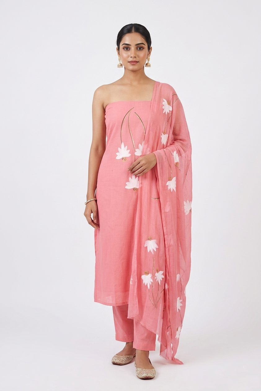 Women Peach-Pink Hand-Painted Pure Cotton Unstitched Dress Material with Chiffon Dupatta