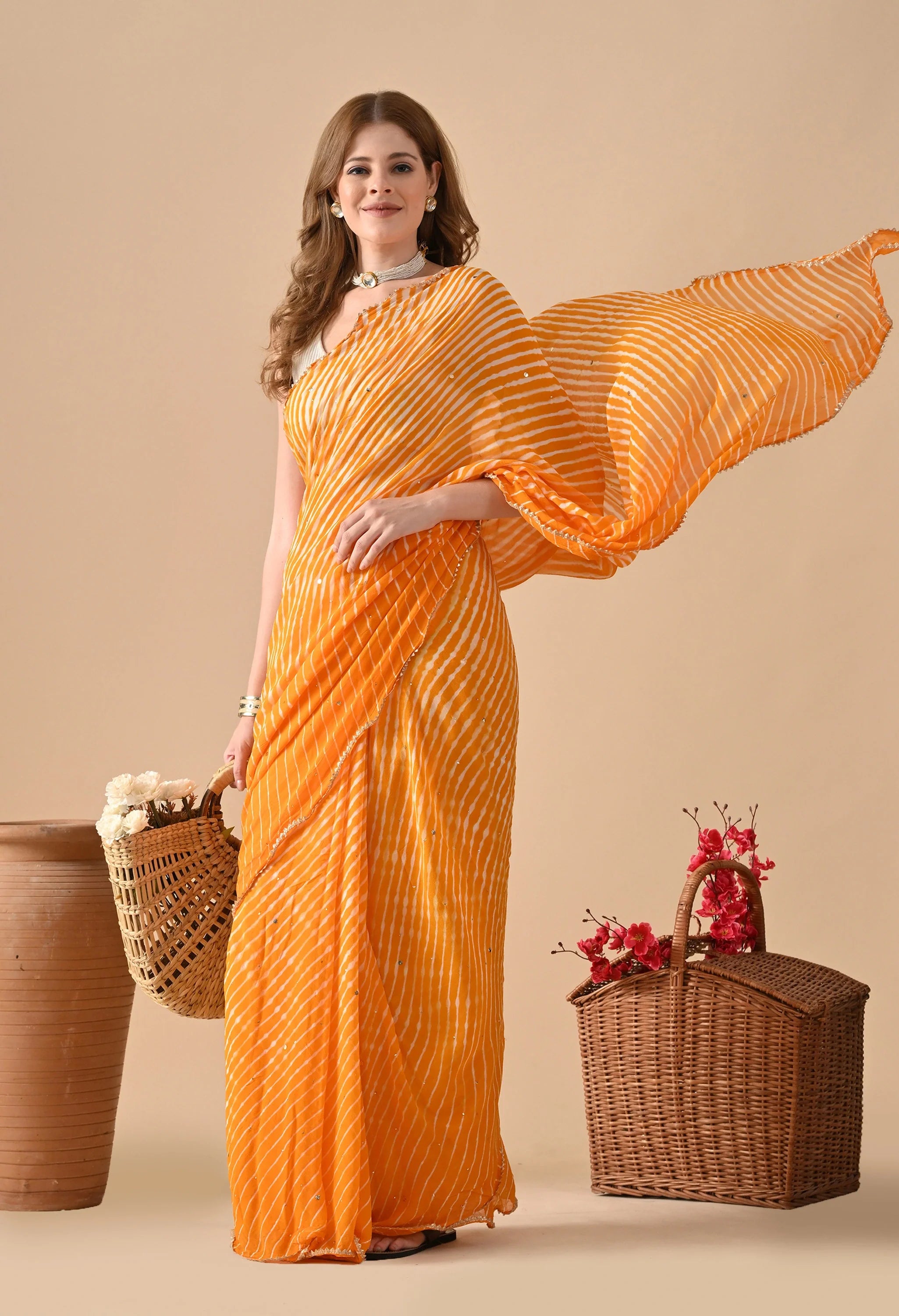 Georgette Lehriya yellow Saree